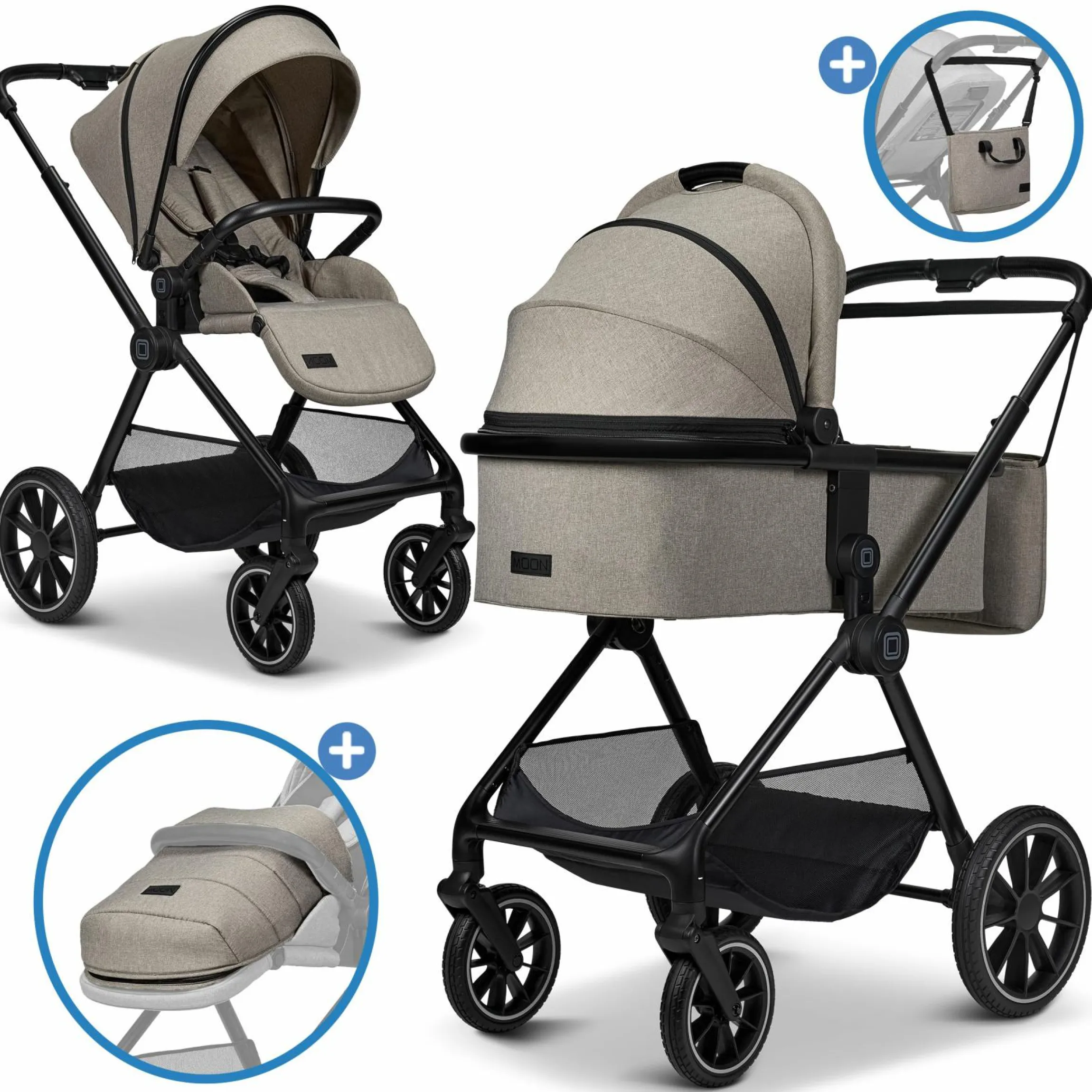 2in1 Kombi-Kinderwagen Clicc bis 22 kg mit Liegeposition, Babywanne, umsetzbare Sitzeinheit, Teleskopschieber inkl. Regenschutz, Wickeltasche, Fußsack & Adapter - Mud Melange