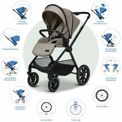 2in1 Kombi-Kinderwagen Clicc bis 22 kg mit Liegeposition, Babywanne, umsetzbare Sitzeinheit, Teleskopschieber inkl. Regenschutz, Wickeltasche, Fußsack & Adapter - Mud Melange
