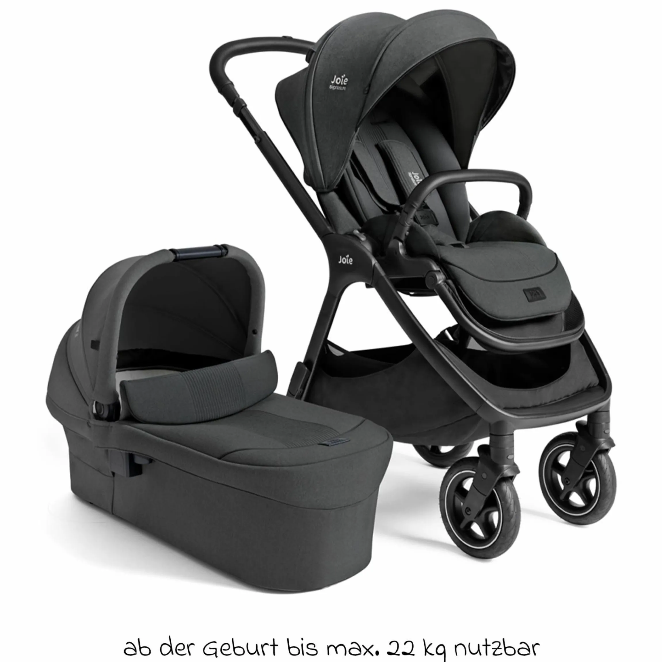 2in1 Kombi-Kinderwagen Finiti bis 22 kg belastbar mit Babywanne Ramble XL, Teleskopschieber, umsetzbare Sitzeinheit, inkl. Adapter & Regenverdeck - Signature - Ebony