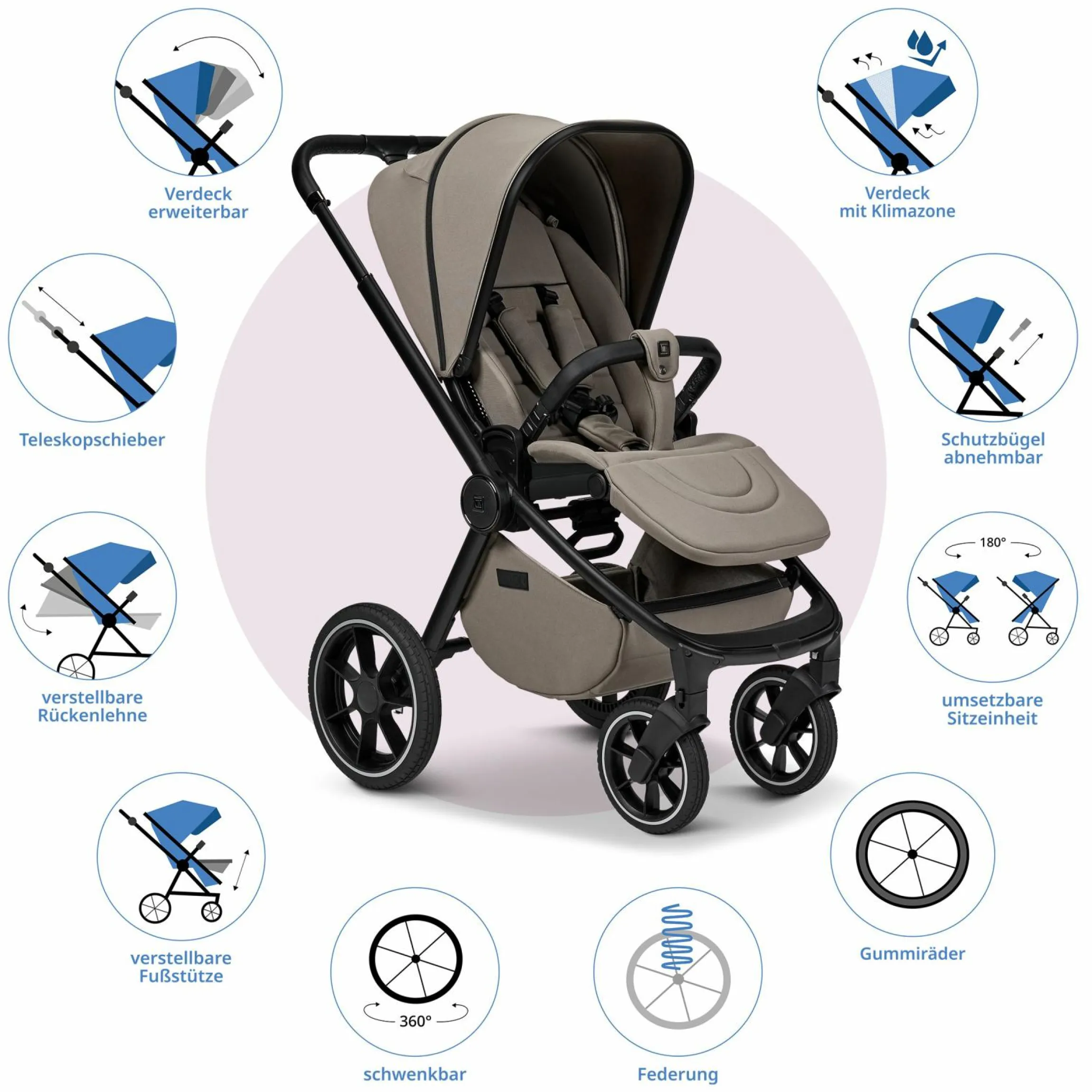 2in1 Kombi-Kinderwagen Resea + bis 22 kg mit Liegeposition, Babywanne, umsetzbare Sitzeinheit & Teleskopschieber - Mud
