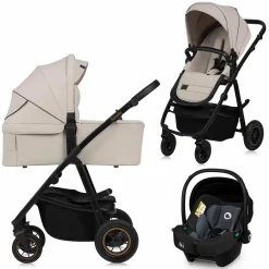 3in1 Kombi-Kinderwagen-Set Amber Plus bis 22 kg mit Babywanne, Babyschale Astrid, Lufträder, Knickschieber, Beindecke, Wickeltasche, Insektenschutz, Regenschutz & Adapter - Beige Sand