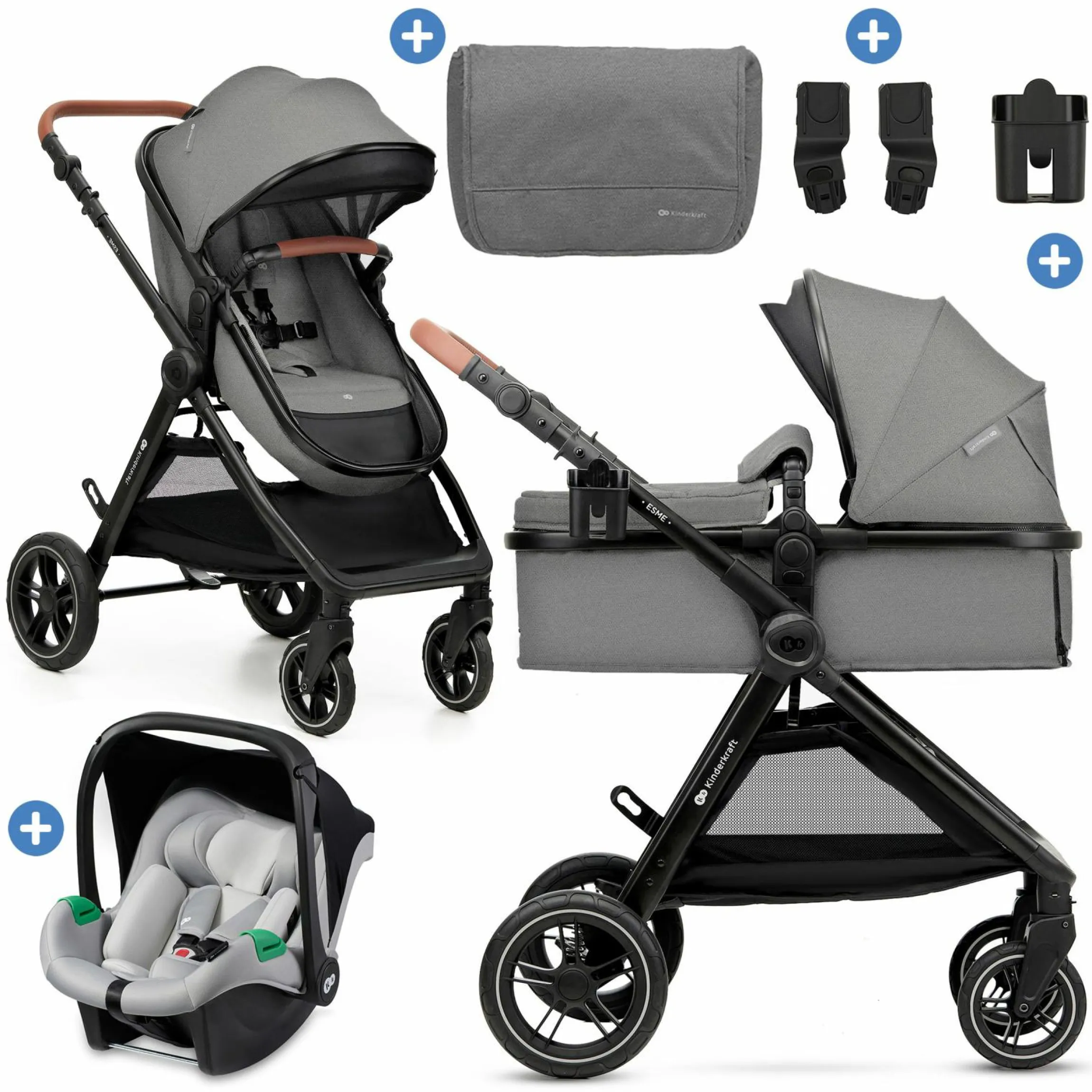 3in1 Kombi-Kinderwagen-Set ESME bis 22 kg mit wendbarer Sitz & Wanne in einem, Knickschieber inkl. Babyschale, Getränkehalter, Wickeltasche, Adapter & Zubehör - Moonlight Grey