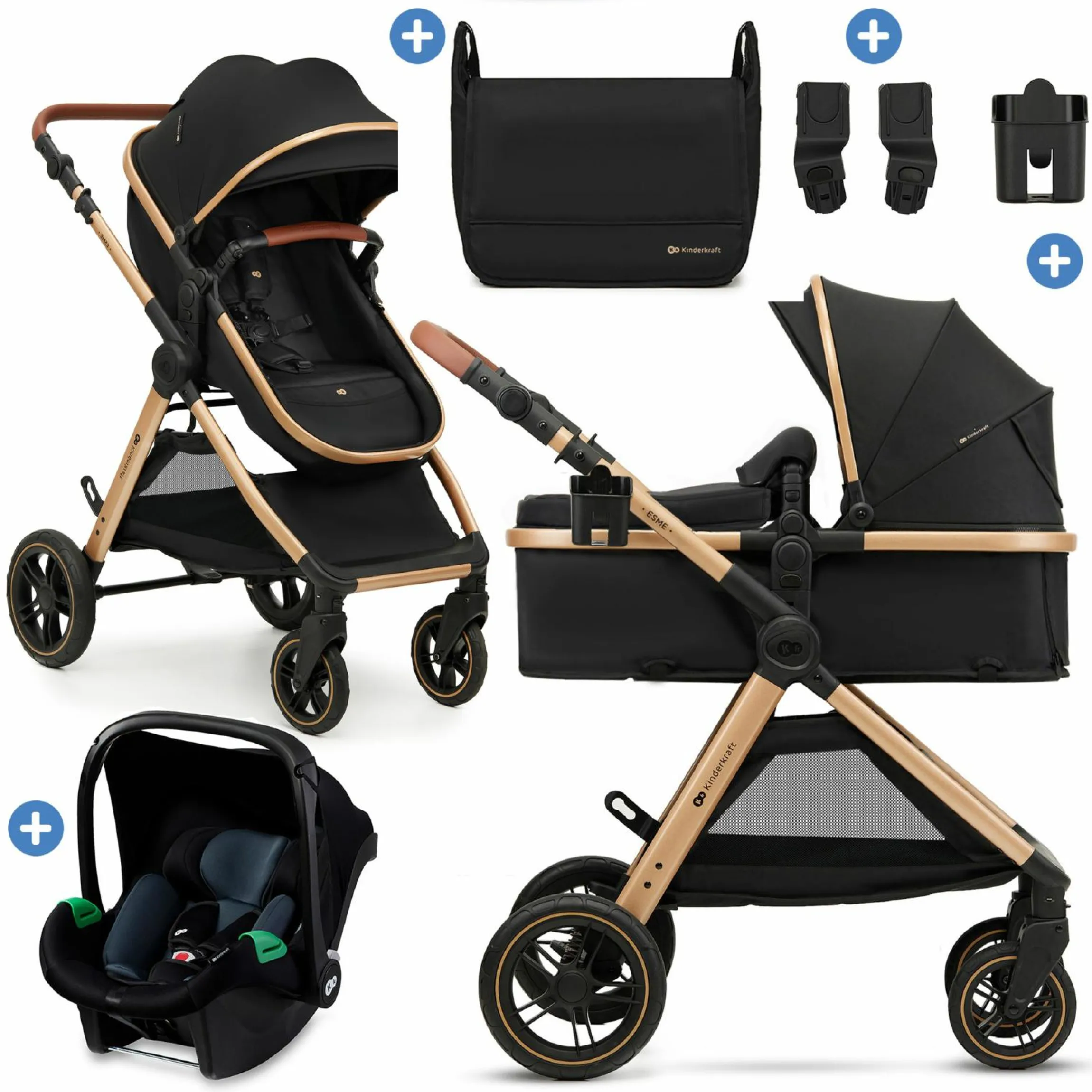 3in1 Kombi-Kinderwagen-Set ESME bis 22 kg mit wendbarer Sitz & Wanne in einem, Knickschieber inkl. Babyschale, Getränkehalter, Wickeltasche, Adapter & Zubehör - Pure Black