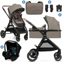 3in1 Kombi-Kinderwagen-Set ESME bis 22 kg mit wendbarer Sitz & Wanne in einem, Knickschieber inkl. Babyschale, Getränkehalter, Wickeltasche, Adapter & Zubehör - Sand Beige