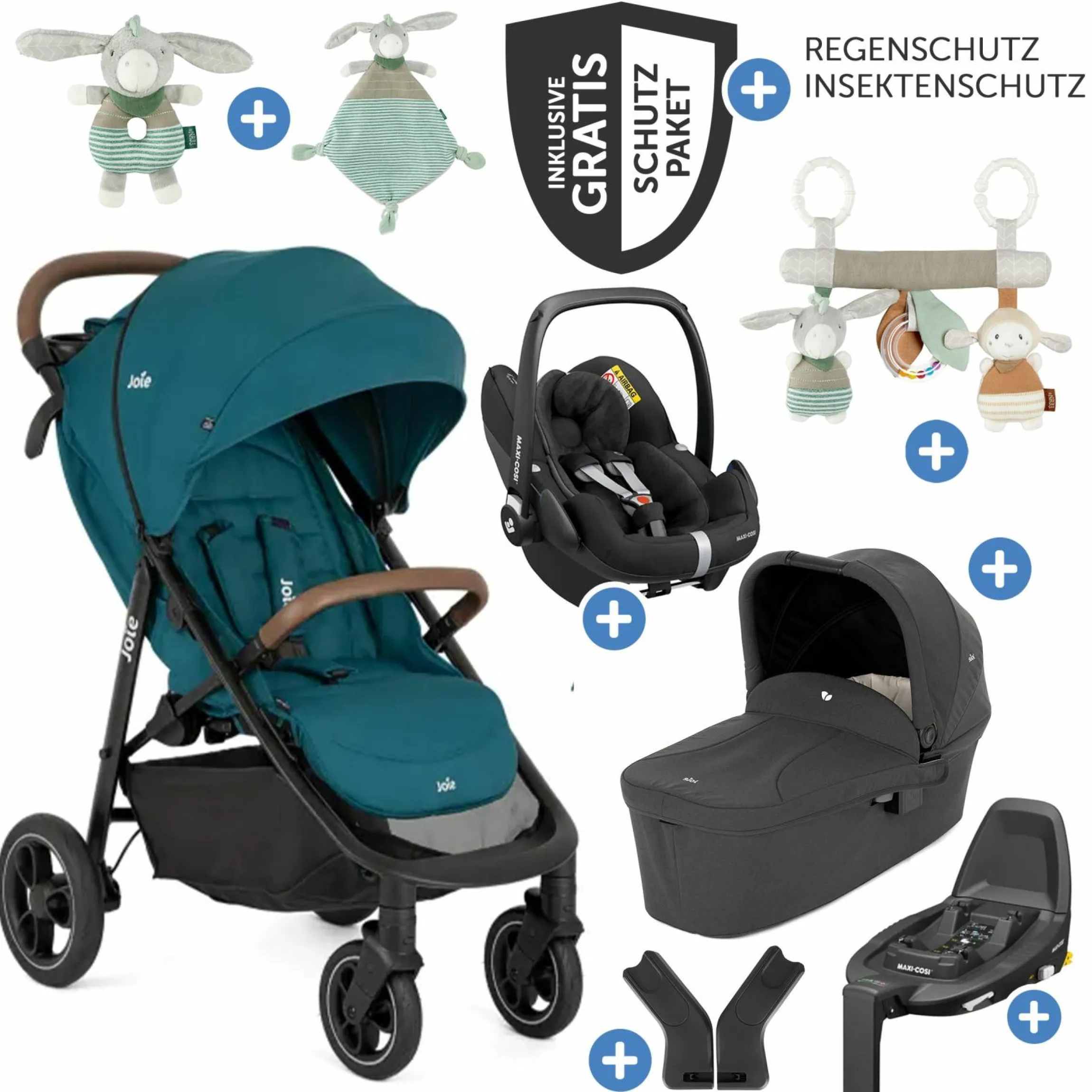 4in1 Kombi-Kinderwagen-Set Litetrax Pro bis 22 kg belastbar mit Babywanne Ramble, Babyschale Pebble Pro, Isofix-Basis, Activity-Trapez, Schmusetuch, Greifling, Adapter & Zubehörpaket - Peacock - Kollektion 2025