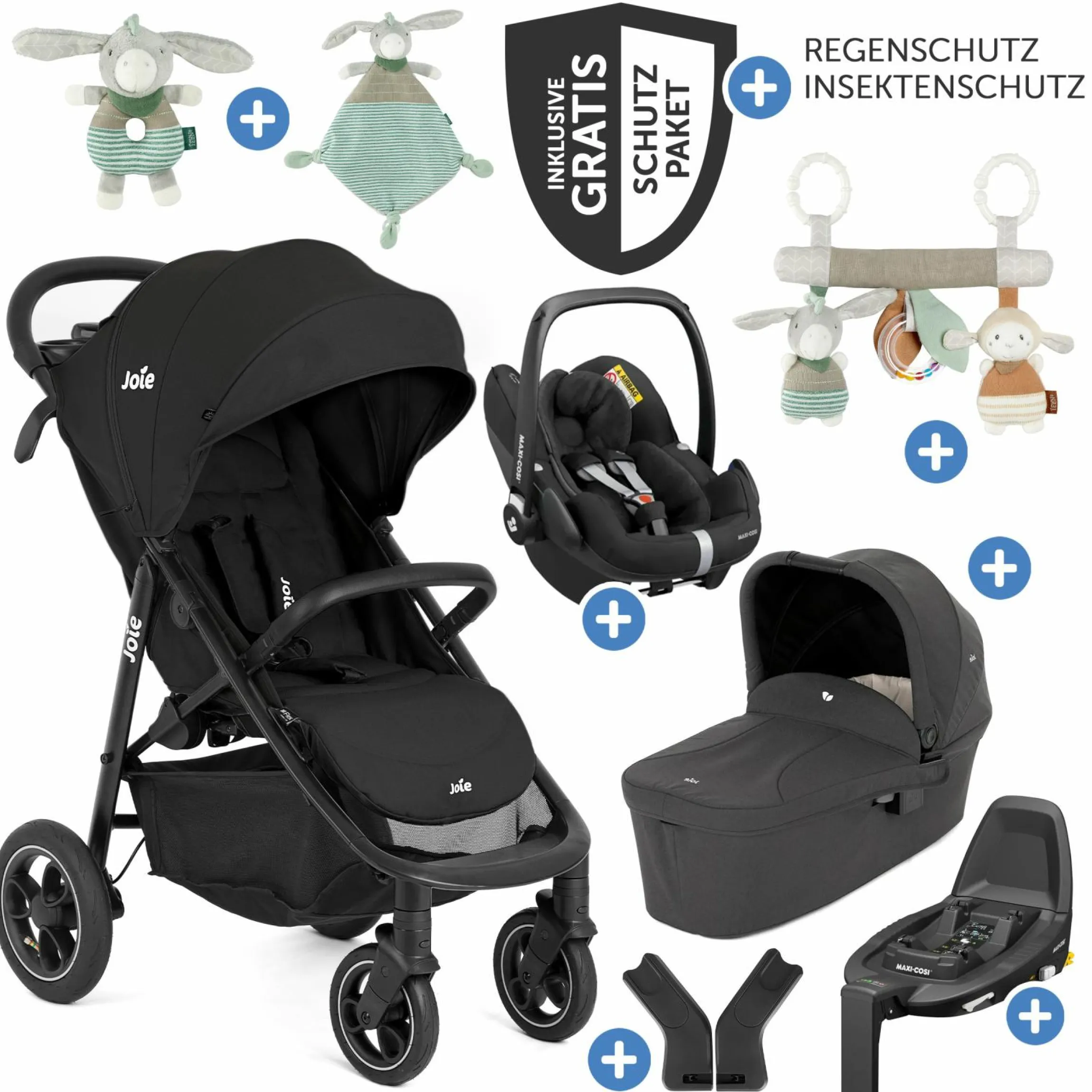 4in1 Kombi-Kinderwagen-Set Litetrax Pro Air bis 22 kg belastbar mit Luftreifen, Babywanne Ramble, Babyschale Pebble Pro, Isofix-Basis, Activity-Trapez, Schmusetuch, Greifling, Adapter & Zubehörpaket - Shale - Kollektion 2025