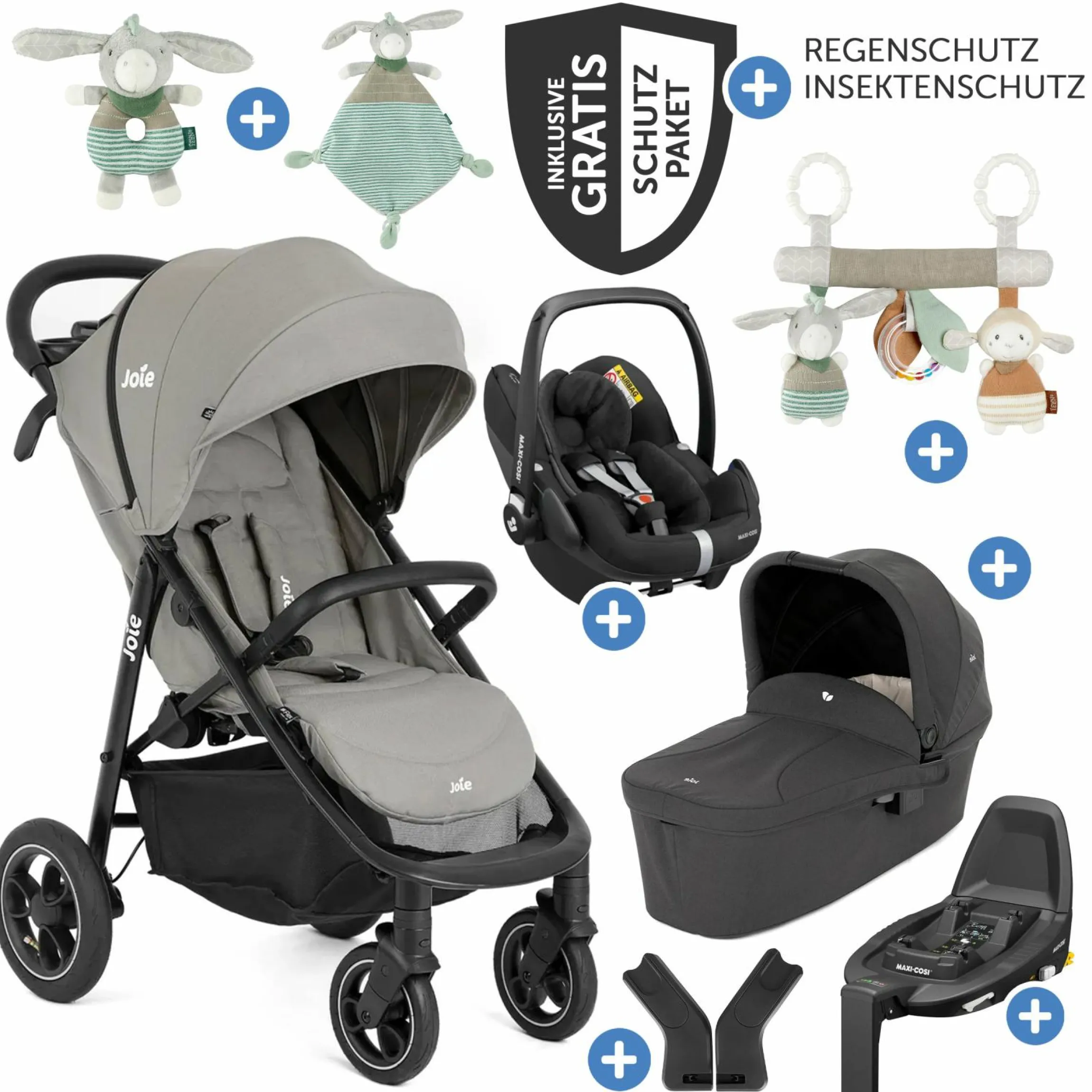 4in1 Kombi-Kinderwagen-Set Litetrax Pro Air bis 22 kg belastbar mit Luftreifen, Babywanne Ramble, Babyschale Pebble Pro, Isofix-Basis, Activity-Trapez, Schmusetuch, Greifling, Adapter & Zubehörpaket - Pebble - Kollektion 2025