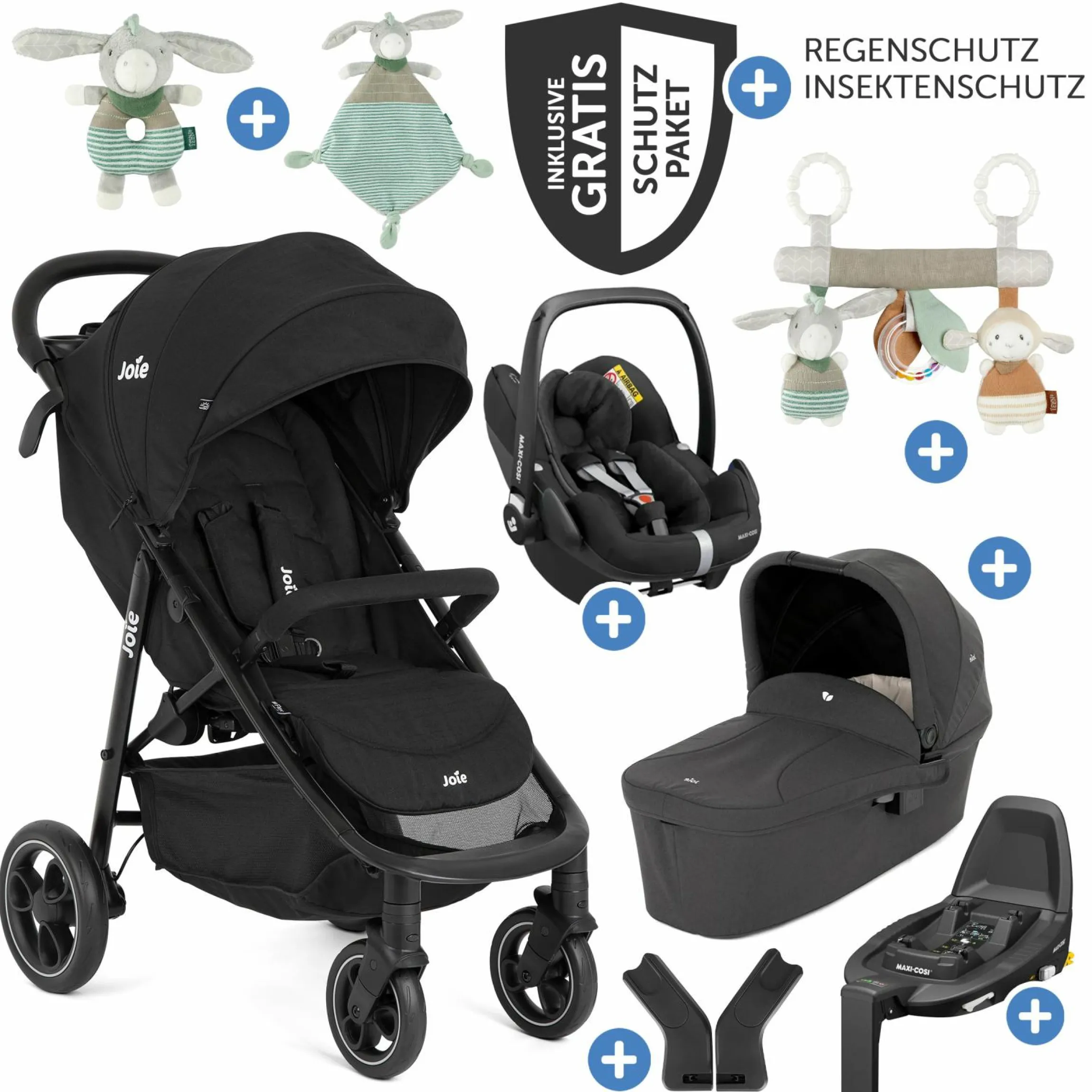 4in1 Kombi-Kinderwagen-Set Litetrax bis 22 kg belastbar mit Luftreifen, Babywanne Ramble, Babyschale Pebble Pro, Isofix-Basis, Activity-Trapez, Schmusetuch, Greifling, Adapter & Zubehörpaket - Shale - Kollektion 2025