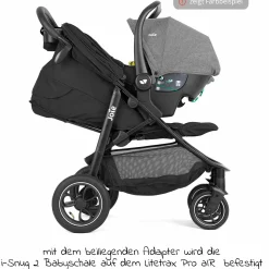 4in1 Kombi-Kinderwagen-Set Litetrax Pro Air bis 22 kg belastbar mit Luftreifen, Schieber-Ablagefach, Babyschale i-Snug 2, Babywanne Ramble, Adapter, Isofix-Basis & Zubehör Paket - Shale - Kollektion 2025