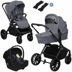 3in1 Kombi-Kinderwagen-Set Mika Plus bis 22 kg mit Babywanne, Babyschale Astrid, Teleskopschieber, Beindecke, Tragegurt, Insektenschutz, Regenschutz & Adapter - Grey Stone