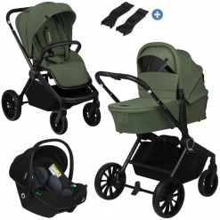 3in1 Kombi-Kinderwagen-Set Mika Plus bis 22 kg mit Babywanne, Babyschale Astrid, Teleskopschieber, Beindecke, Tragegurt, Insektenschutz, Regenschutz & Adapter - Green Olive