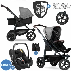 3in1 Kombi-Kinderwagen-Set Mono 2 mit Luftreifen inkl. Kombi-Einheit (Babywanne+Sitz) mit Liegeposition, Babyschale Pebble Pro & XXL Zubehörpaket - Premium Grau