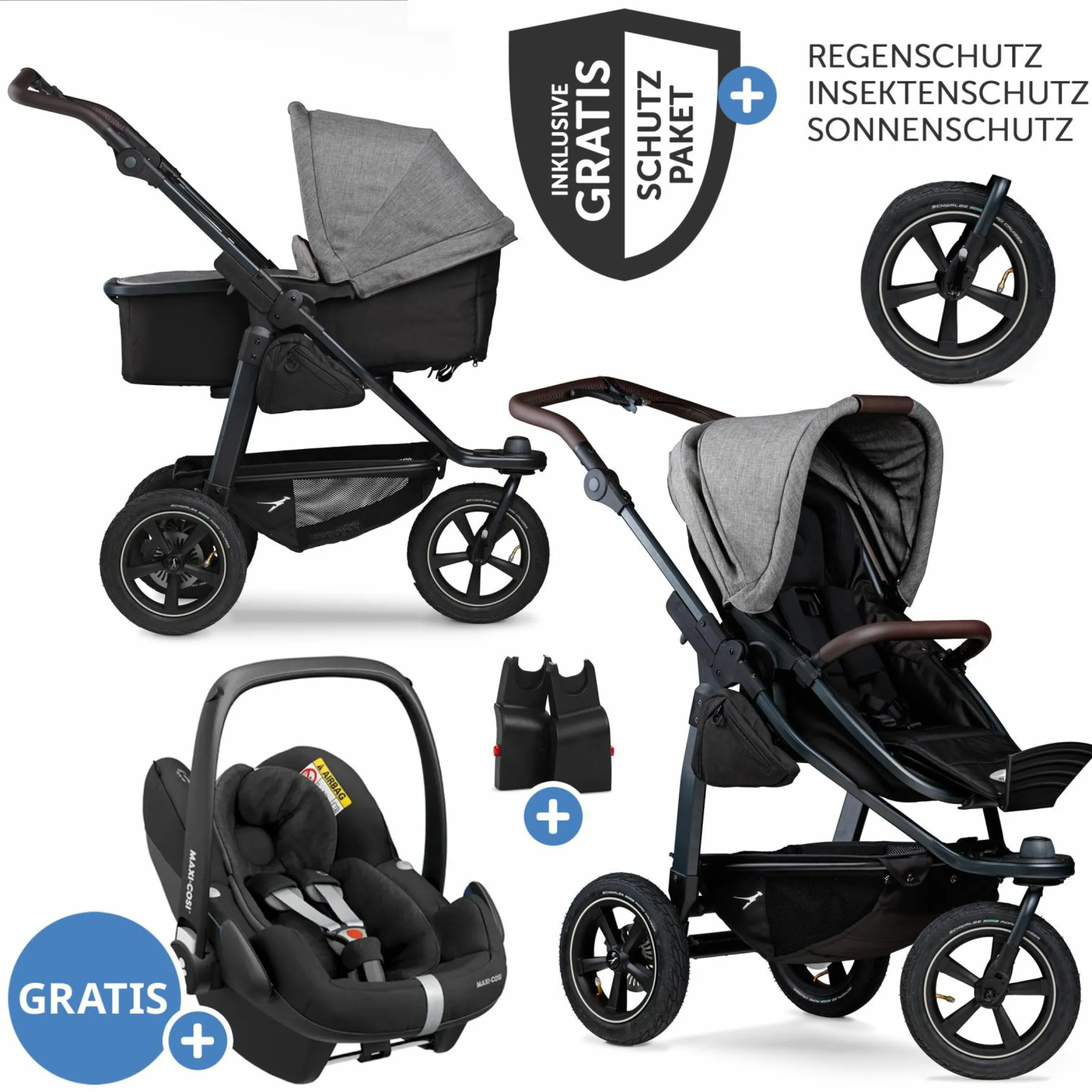 3in1 Kombi-Kinderwagen-Set Mono 2 mit Luftreifen inkl. Kombi-Einheit (Babywanne+Sitz) mit Liegeposition, Babyschale Pebble Pro & XXL Zubehörpaket - Premium Grau