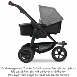 3in1 Kombi-Kinderwagen-Set Mono 2 mit Luftreifen inkl. Kombi-Einheit (Babywanne+Sitz) mit Liegeposition, Babyschale Pebble Pro & XXL Zubehörpaket - Premium Grau
