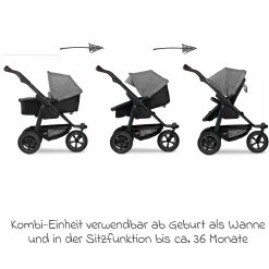 3in1 Kombi-Kinderwagen-Set Mono 2 mit Luftreifen inkl. Kombi-Einheit (Babywanne+Sitz) mit Liegeposition, Babyschale Pebble Pro & XXL Zubehörpaket - Premium Grau