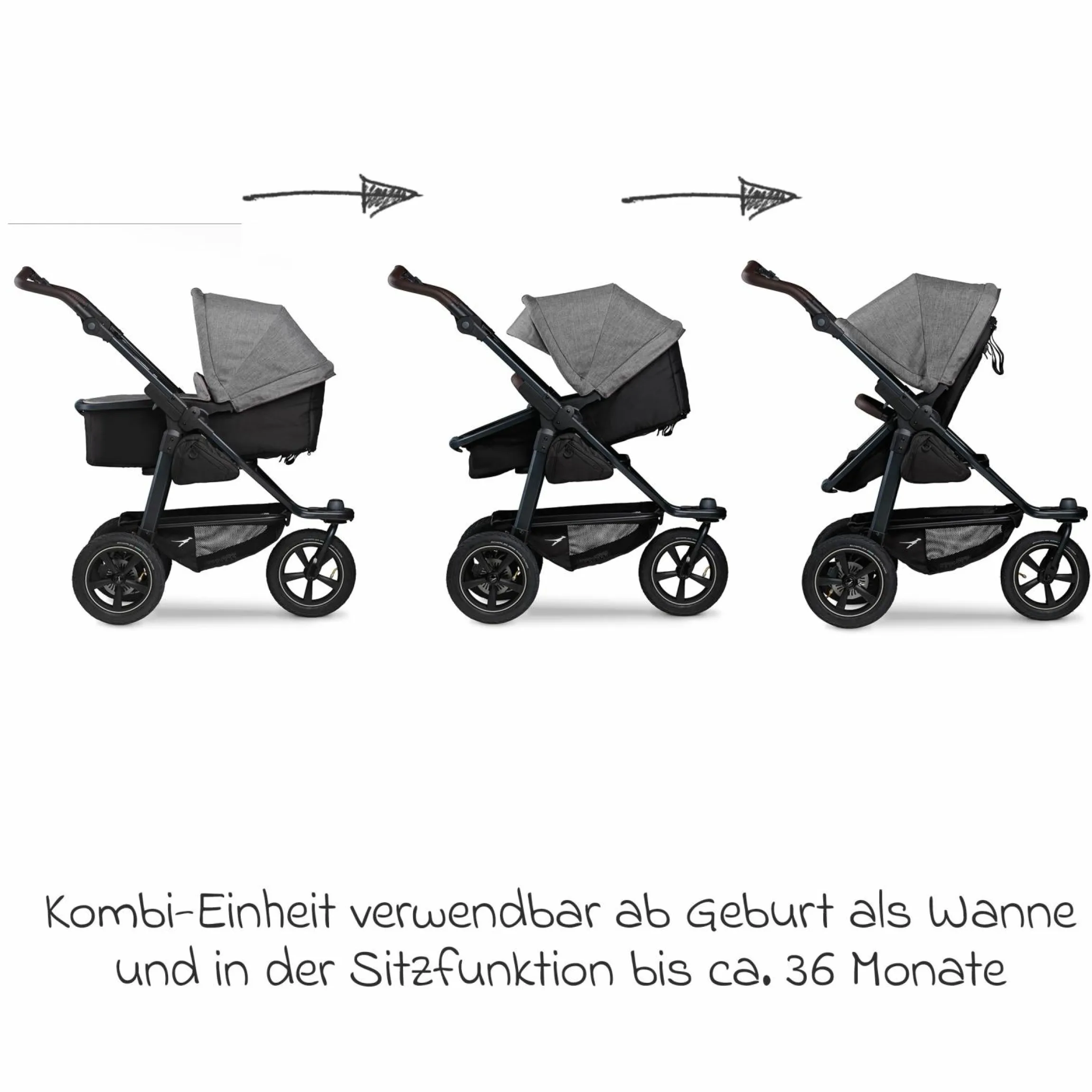 3in1 Kombi-Kinderwagen-Set Mono 2 mit Luftreifen inkl. Kombi-Einheit (Babywanne+Sitz) mit Liegeposition, Babyschale Pebble Pro & XXL Zubehörpaket - Premium Grau