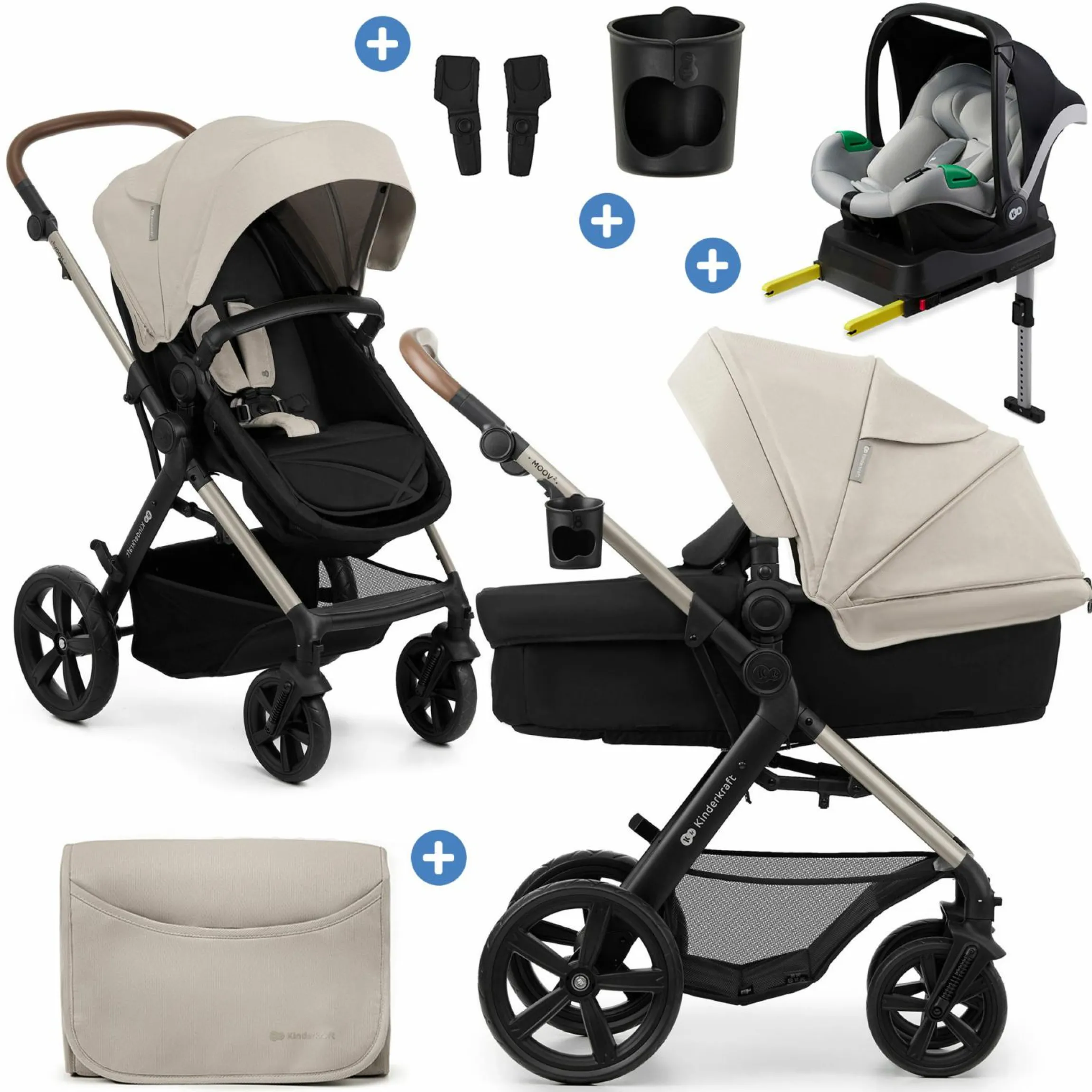 4in1 Kombi-Kinderwagen-Set MOOV 2bis 22 kg mit wendbarer Sitz & Wanne in einem, Knickschieber inkl. Babyschale, Base, Wickeltasche, Adapter & Zubehör - Moonlight Grey