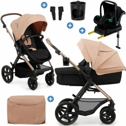 4in1 Kombi-Kinderwagen-Set MOOV 2bis 22 kg mit wendbarer Sitz & Wanne in einem, Knickschieber inkl. Babyschale, Base, Wickeltasche, Adapter & Zubehör - Sand Beige