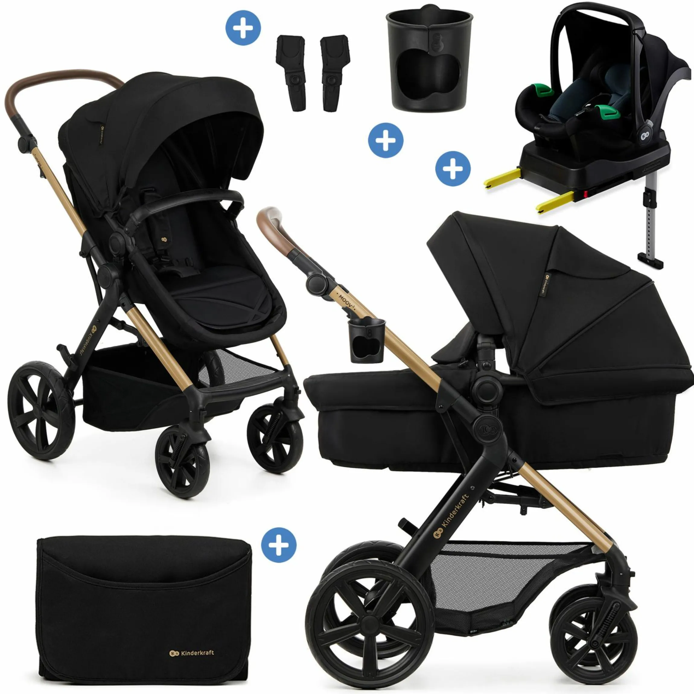 4in1 Kombi-Kinderwagen-Set MOOV 2bis 22 kg mit wendbarer Sitz & Wanne in einem, Knickschieber inkl. Babyschale, Base, Wickeltasche, Adapter & Zubehör - Pure Black