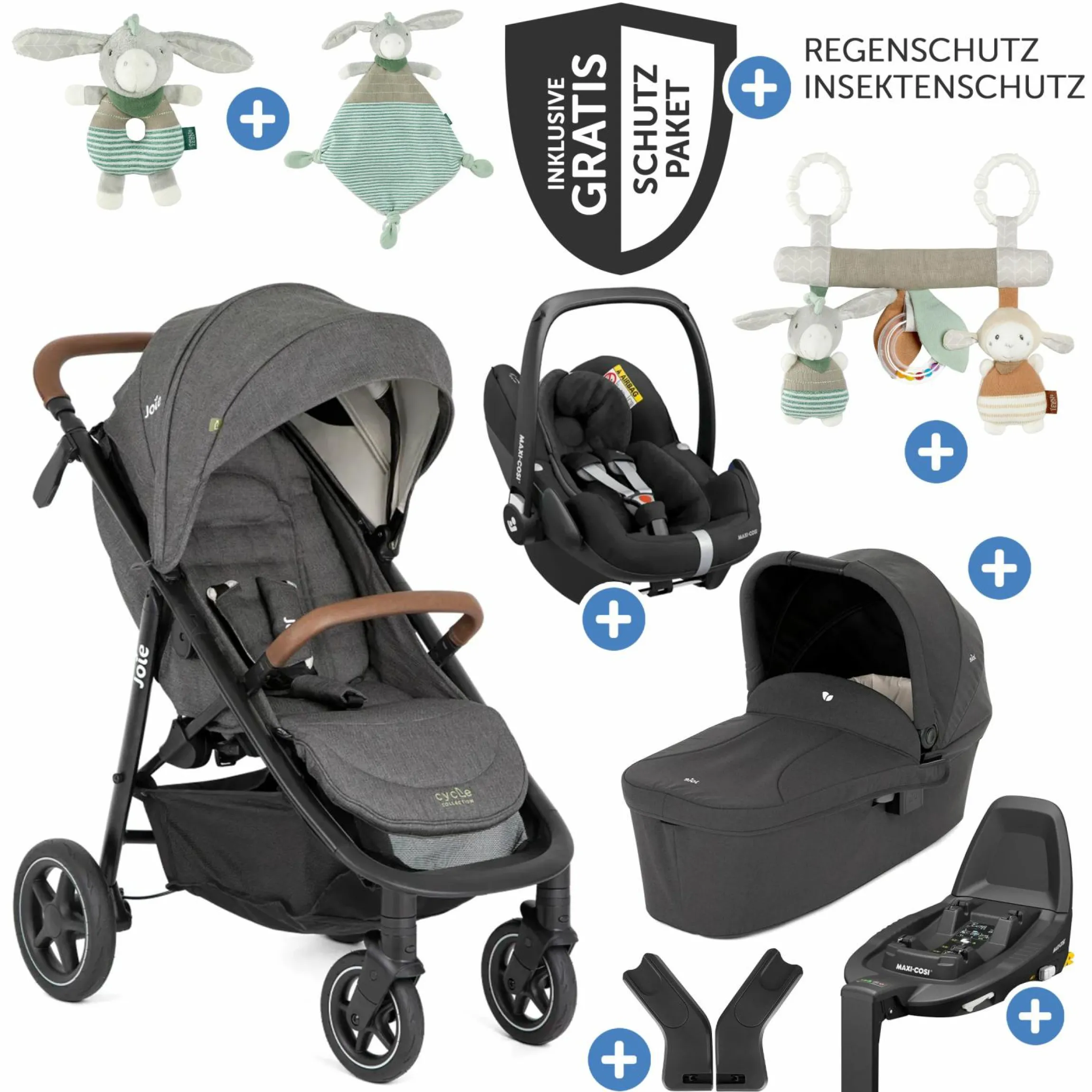4in1 Kombi-Kinderwagen-Set Mytrax Pro bis 22 kg belastbar mit Babywanne Ramble, Babyschale Pebble Pro, Isofix-Basis, Activity-Trapez, Schmusetuch, Greifling, Adapter & Zubehörpaket - Cycle Collection - Shell Gray - Kollektion 2025