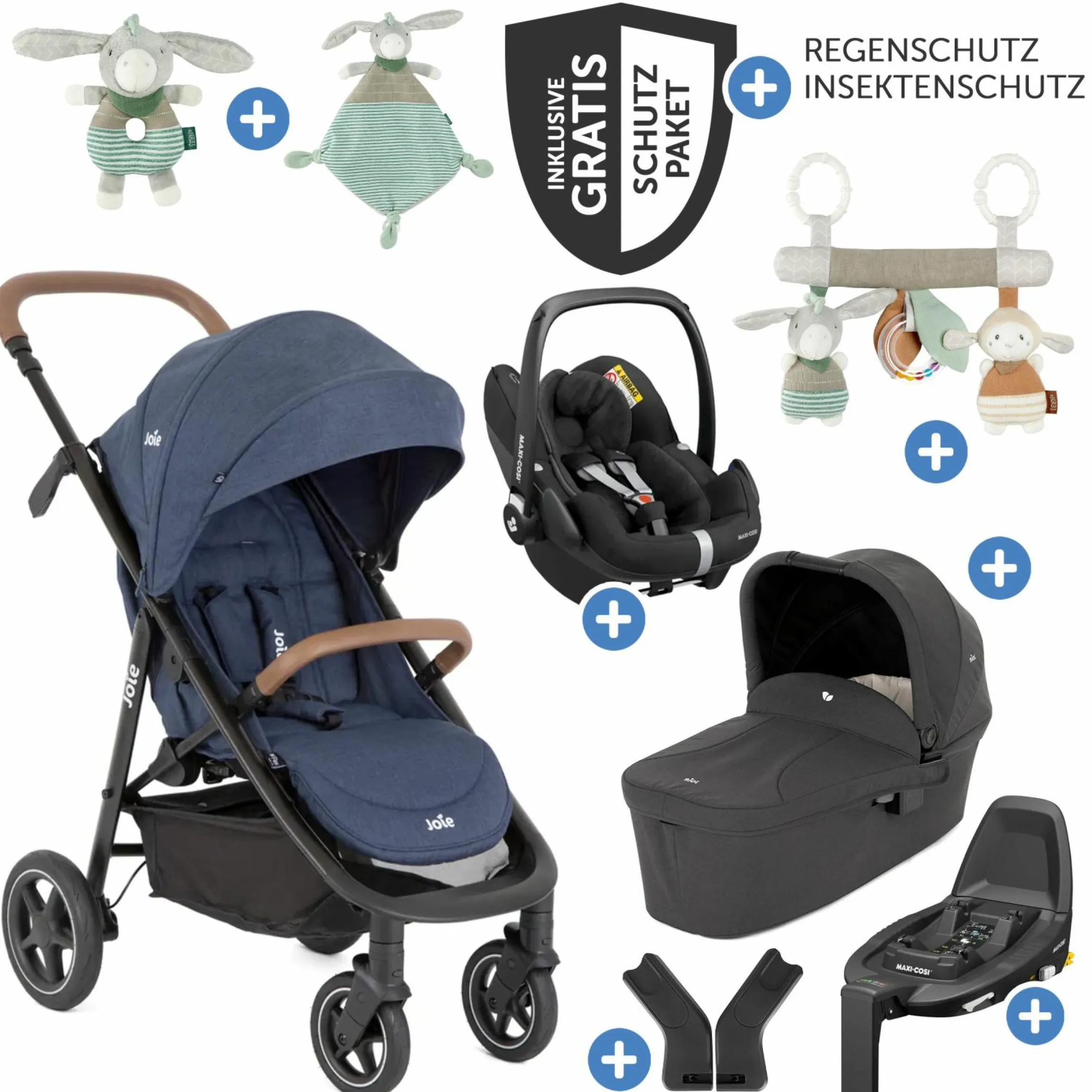 4in1 Kombi-Kinderwagen-Set Mytrax Pro bis 22 kg belastbar mit Babywanne Ramble, Babyschale Pebble Pro, Isofix-Basis, Activity-Trapez, Schmusetuch, Greifling, Adapter & Zubehörpaket - Blueberry - Kollektion 2025