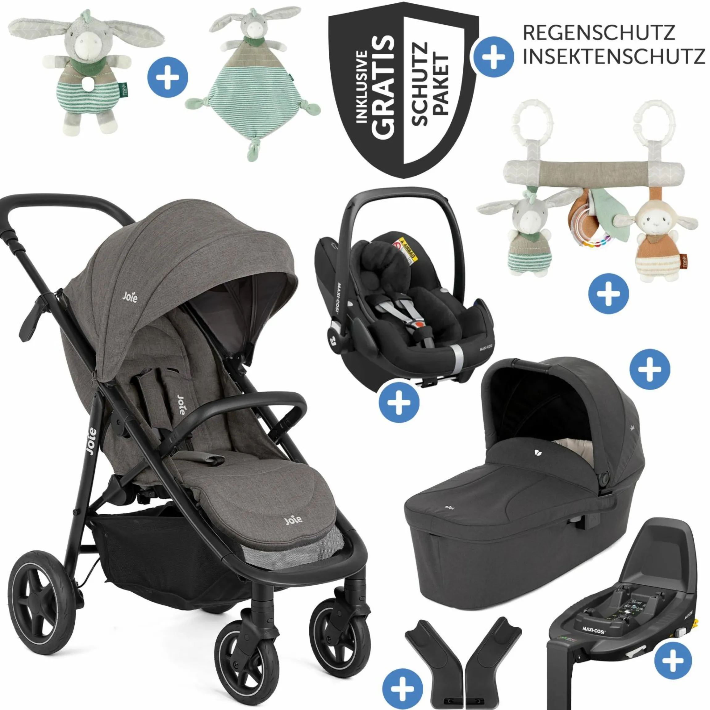 4in1 Kombi-Kinderwagen-Set Mytrax Pro bis 22 kg belastbar mit Babywanne Ramble, Babyschale Pebble Pro, Isofix-Basis, Activity-Trapez, Schmusetuch, Greifling, Adapter & Zubehörpaket - Thunder - Kollektion 2025