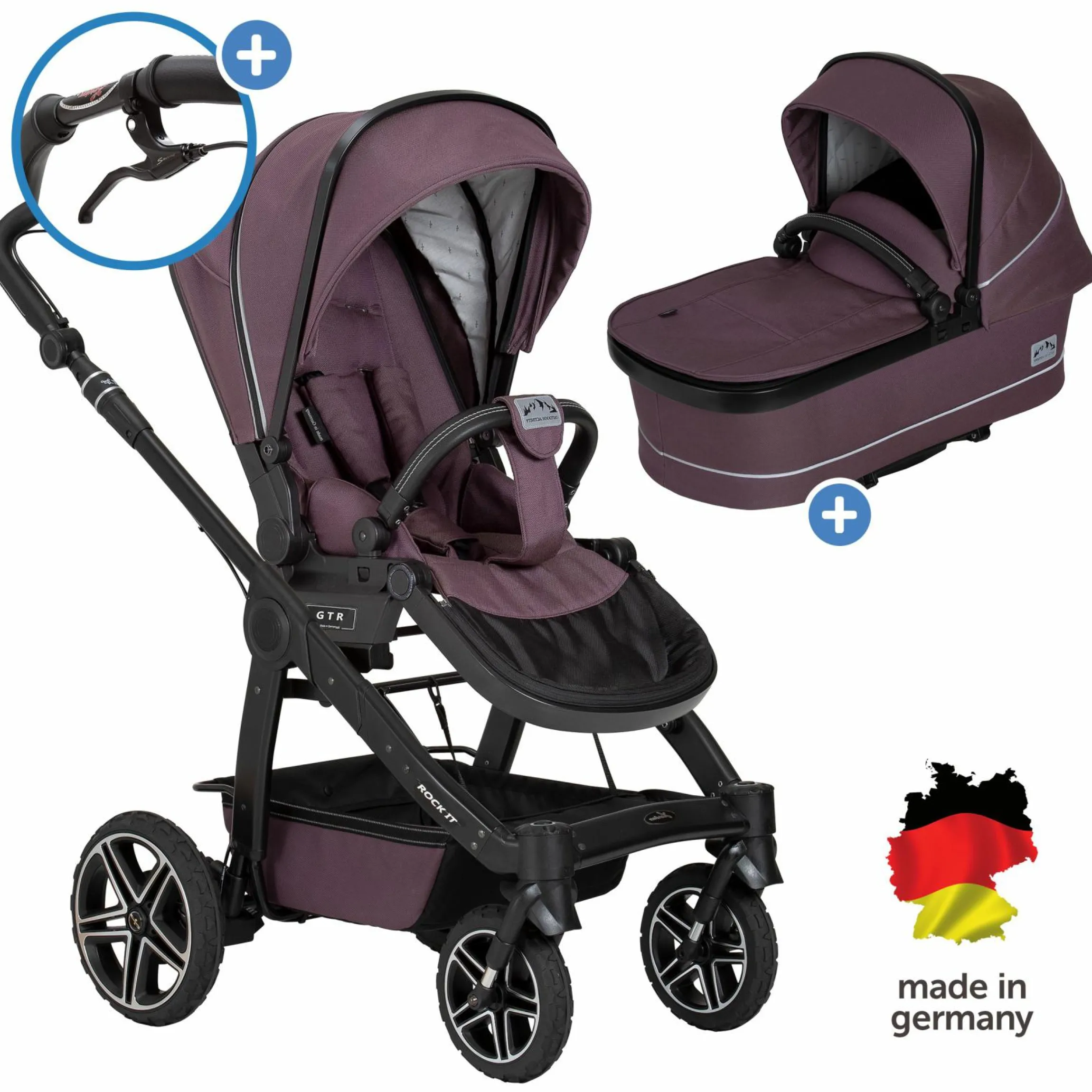 2in1 Kombi-Kinderwagen-Set Rock IT GTR Outdoor bis 22 kg belastbar mit Knickschieber, Handbremse, Sportsitz, Falttasche Premium & Regenschutz - Amethyst - Kollektion 2024