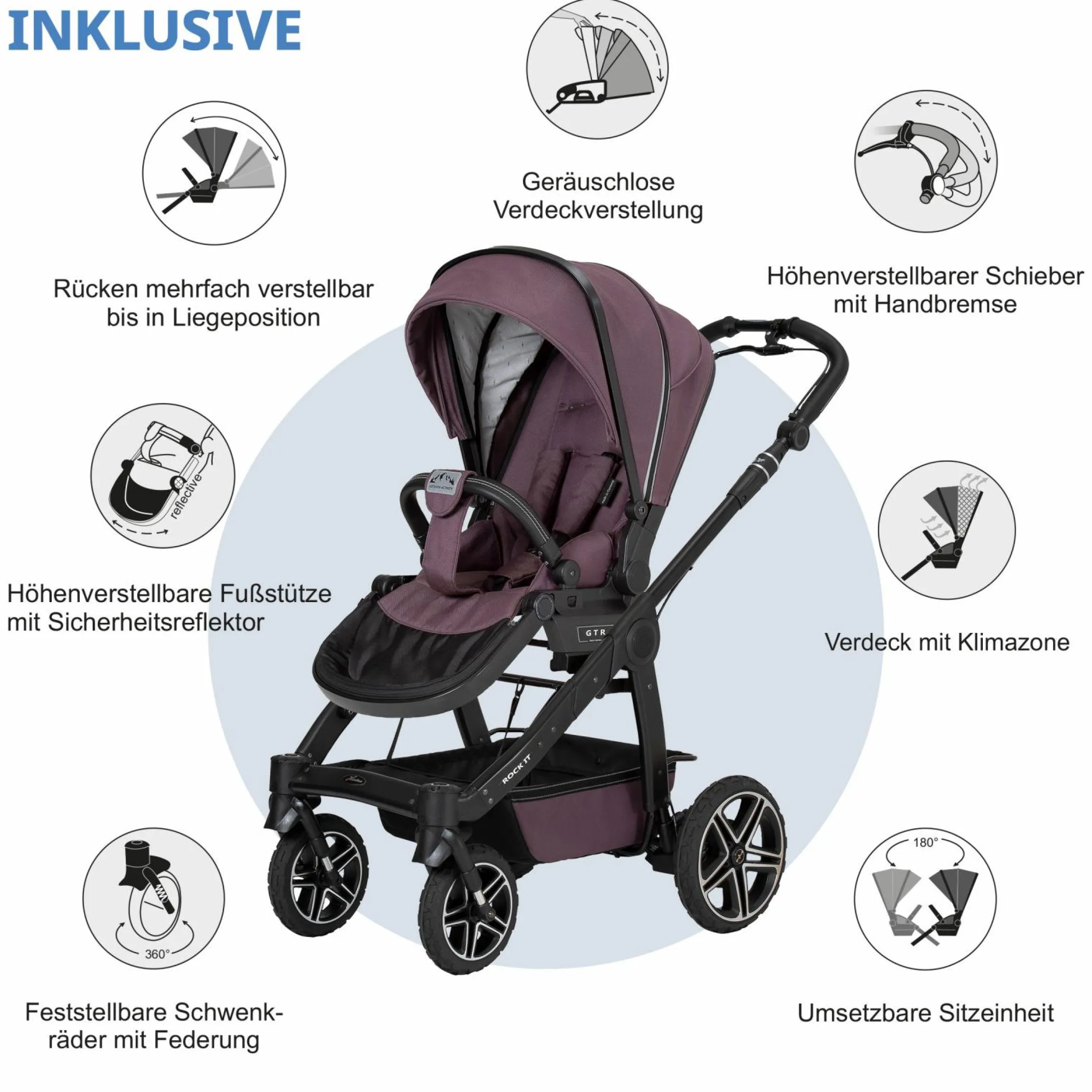 2in1 Kombi-Kinderwagen-Set Rock IT GTR Outdoor bis 22 kg belastbar mit Knickschieber, Handbremse, Sportsitz, Falttasche Premium & Regenschutz - Amethyst - Kollektion 2024