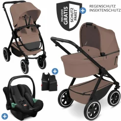 3in1 Kombi-Kinderwagen-Set Samba 2 inkl. Babywanne, Sportsitz, Babyschale Tulip, Adapter, Insektenschutz & Regenschutz - Dark Beige