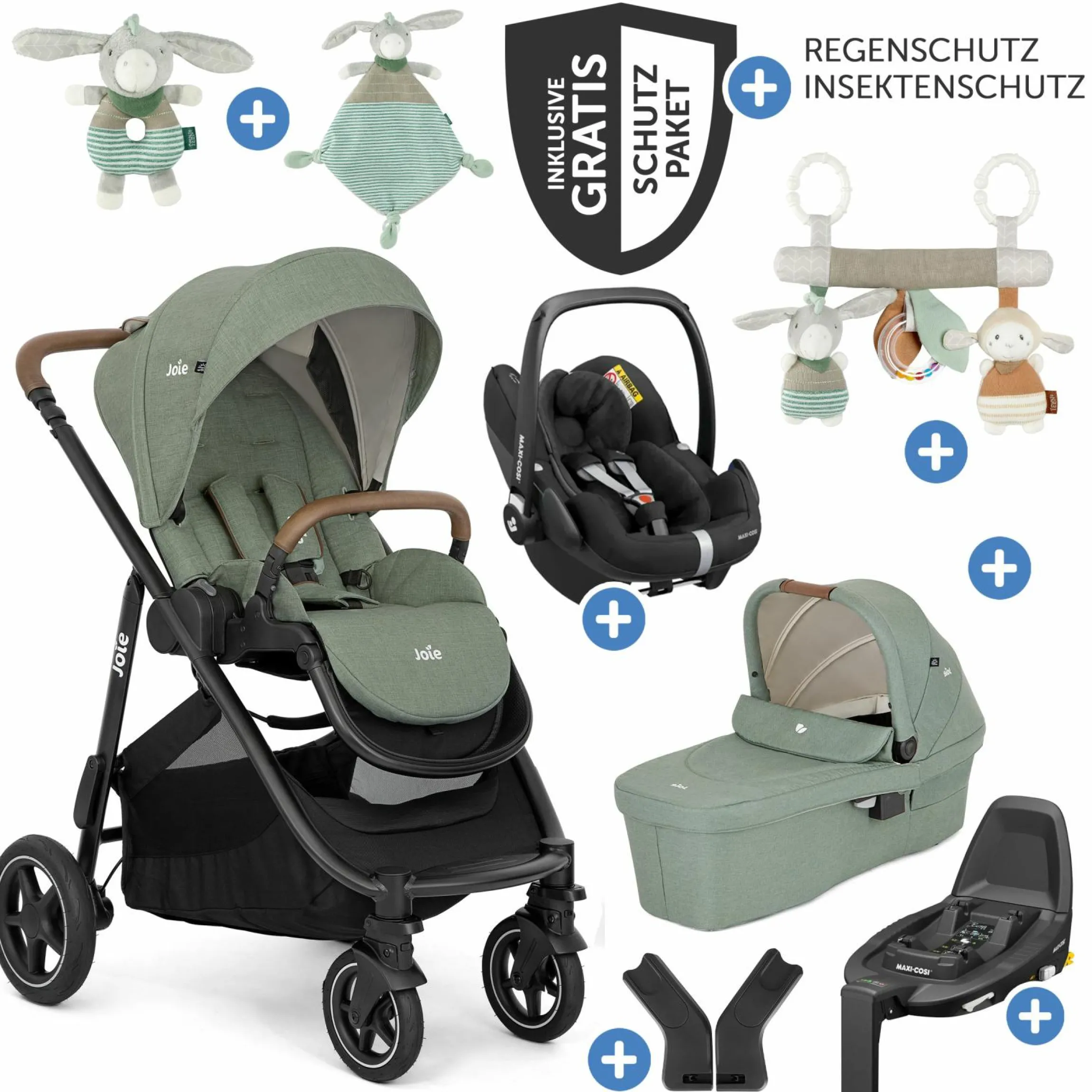 4in1 Kombi-Kinderwagen-Set Versatrax bis 22 kg belastbar mit Babywanne Ramble XL, Babyschale Pebble Pro, Isofix-Basis, Activity-Trapez, Schmusetuch, Greifling, Adapter & Zubehörpaket - Laurel