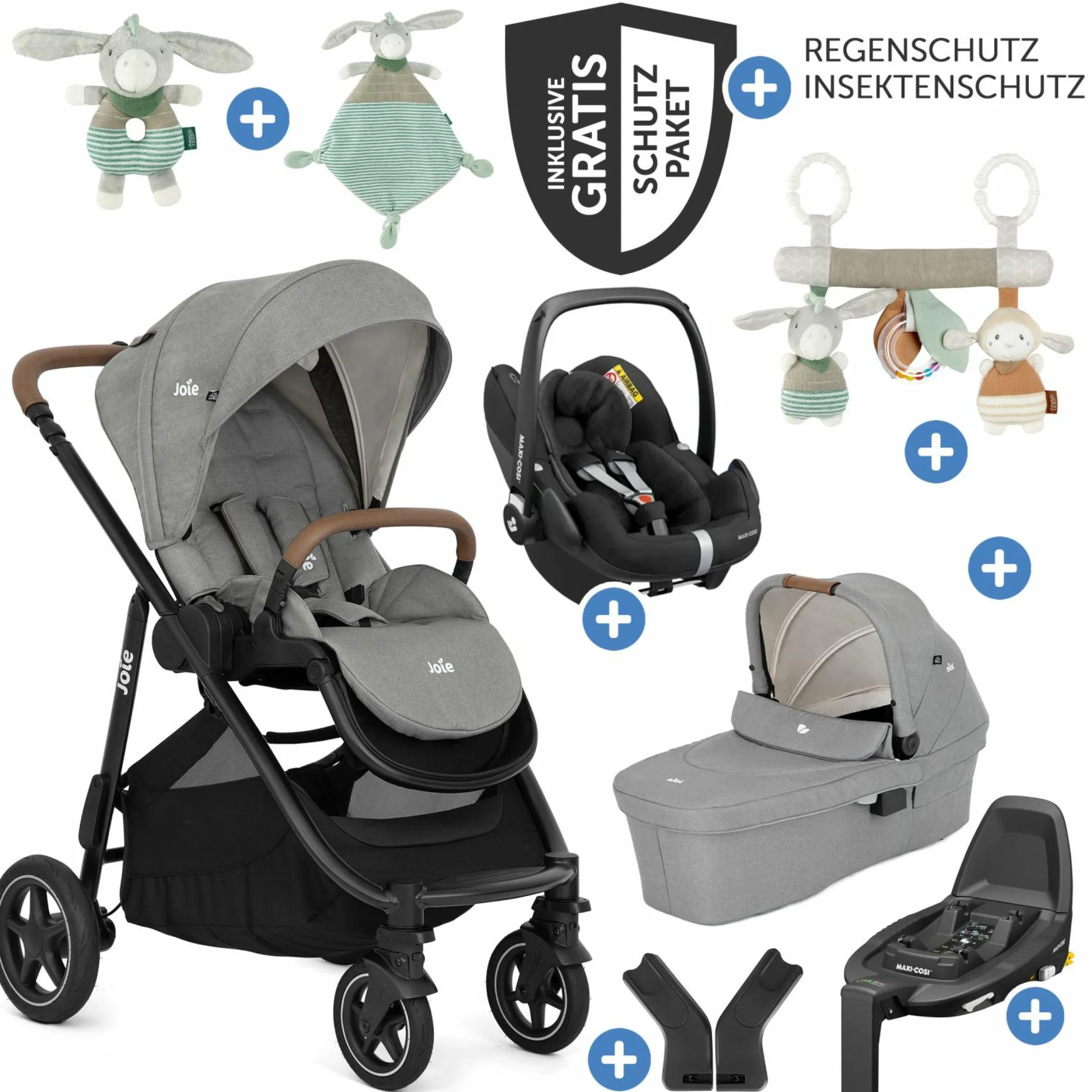 4in1 Kombi-Kinderwagen-Set Versatrax bis 22 kg belastbar mit Babywanne Ramble XL, Babyschale Pebble Pro, Isofix-Basis, Activity-Trapez, Schmusetuch, Greifling, Adapter & Zubehörpaket - Pebble