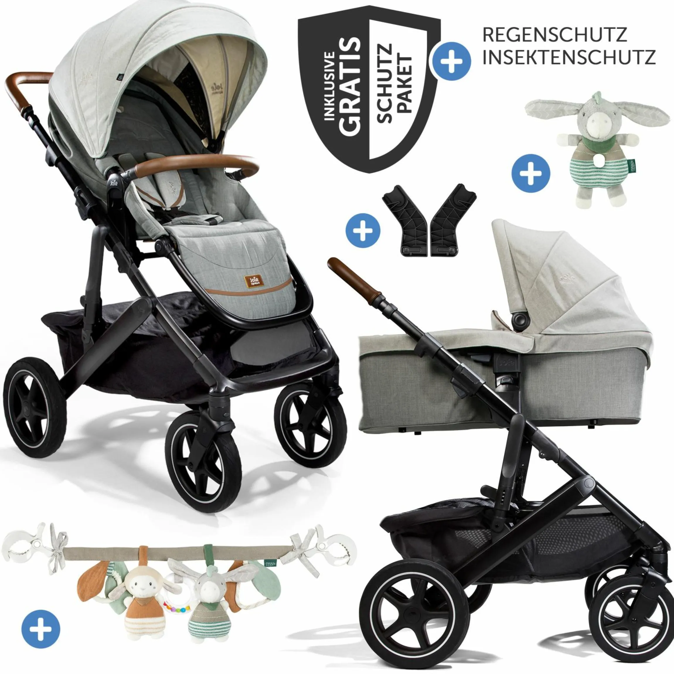 2in1 Kombi-Kinderwagen-Set Vinca bis 22 kg belastbar mit Kinderwagenkette & Ring-Greifling - Teleskopschieber, Sitzeinheit, Babywanne Ramble XL, Adapter & Zubehörpaket - Signature - Oyster
