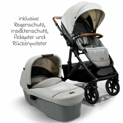 2in1 Kombi-Kinderwagen-Set Vinca bis 22 kg belastbar mit Kinderwagenkette & Ring-Greifling - Teleskopschieber, Sitzeinheit, Babywanne Ramble XL, Adapter & Zubehörpaket - Signature - Oyster