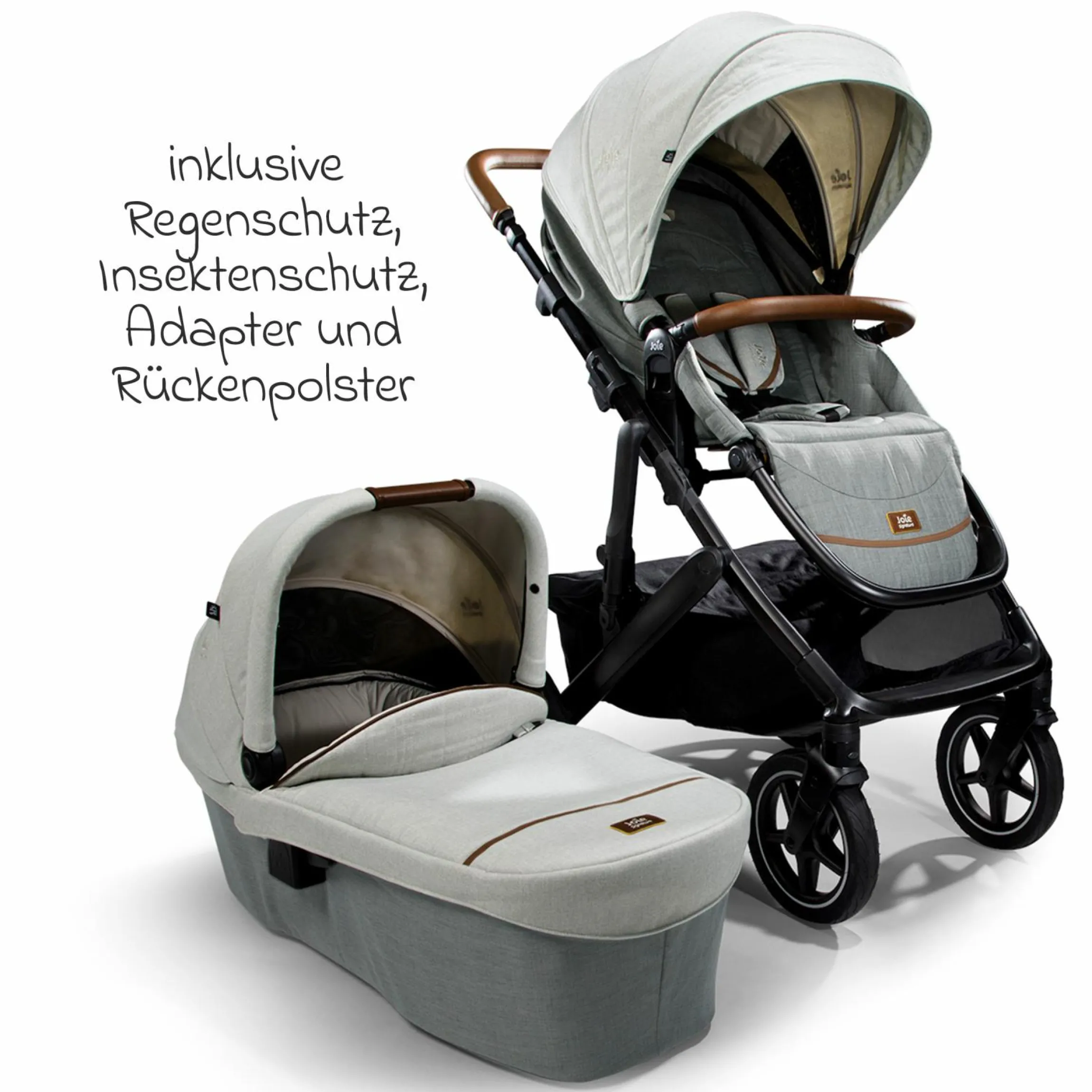 2in1 Kombi-Kinderwagen-Set Vinca bis 22 kg belastbar mit Kinderwagenkette & Ring-Greifling - Teleskopschieber, Sitzeinheit, Babywanne Ramble XL, Adapter & Zubehörpaket - Signature - Oyster