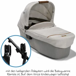 2in1 Kombi-Kinderwagen-Set Vinca bis 22 kg belastbar mit Kinderwagenkette & Ring-Greifling - Teleskopschieber, Sitzeinheit, Babywanne Ramble XL, Adapter & Zubehörpaket - Signature - Oyster