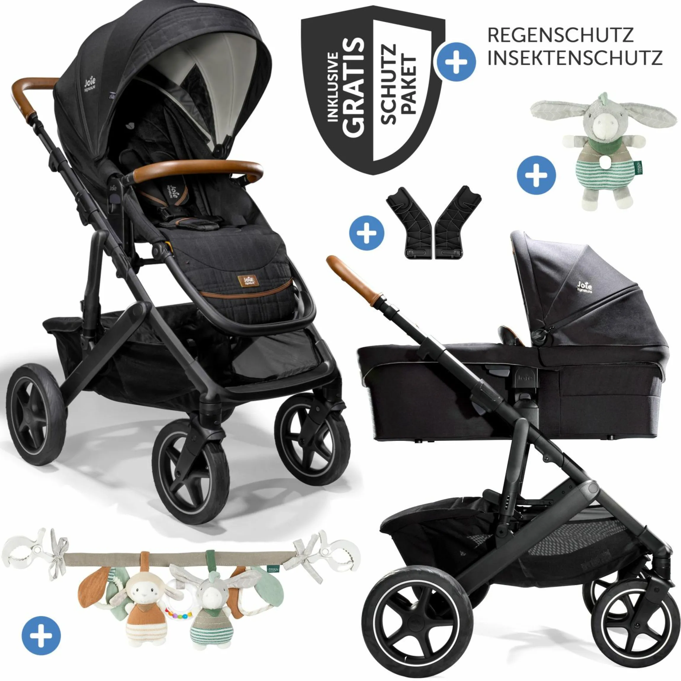 2in1 Kombi-Kinderwagen-Set Vinca bis 22 kg belastbar mit Kinderwagenkette & Ring-Greifling - Teleskopschieber, Sitzeinheit, Babywanne Ramble XL, Adapter & Zubehörpaket - Signature - Eclipse