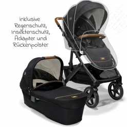 2in1 Kombi-Kinderwagen-Set Vinca bis 22 kg belastbar mit Kinderwagenkette & Ring-Greifling - Teleskopschieber, Sitzeinheit, Babywanne Ramble XL, Adapter & Zubehörpaket - Signature - Eclipse