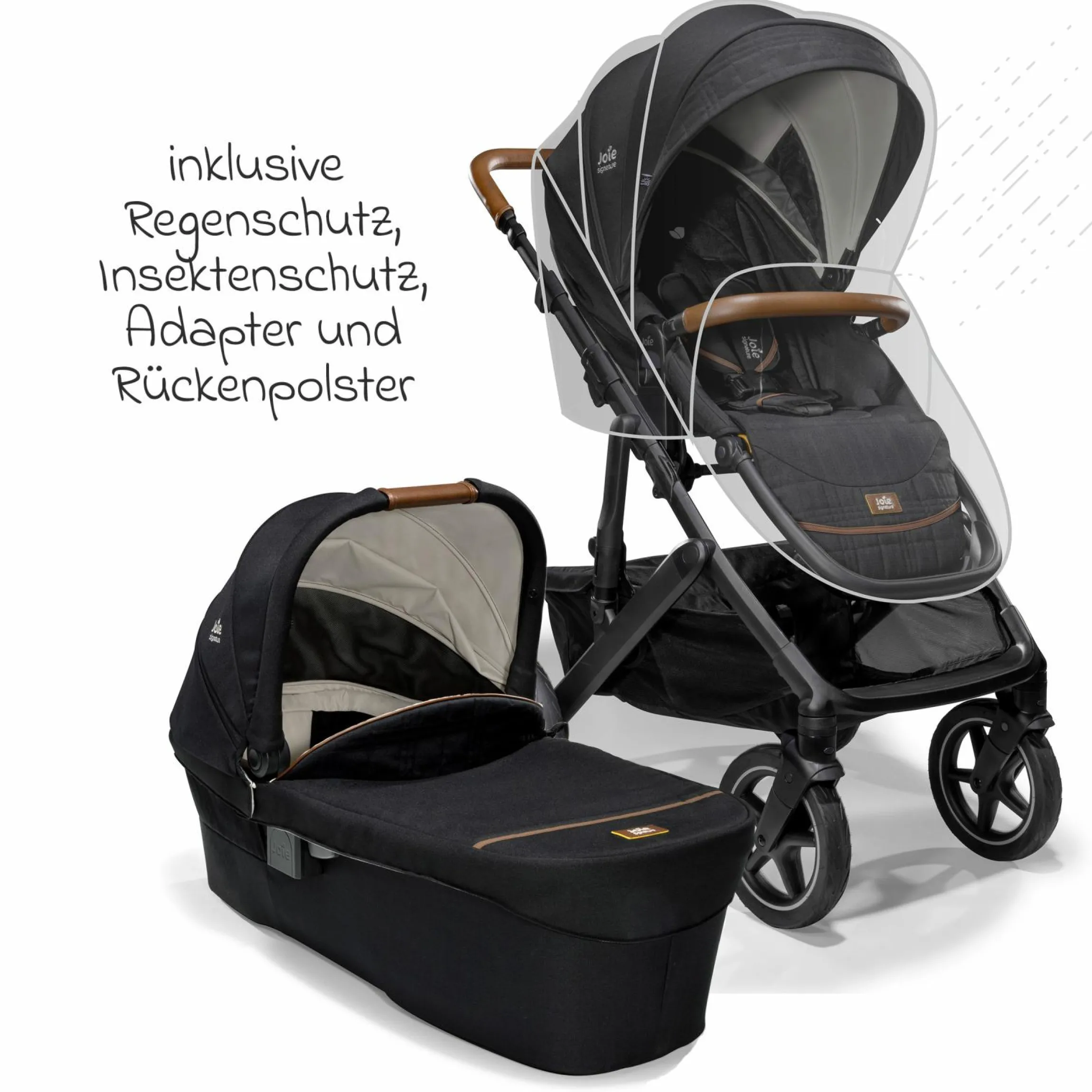 2in1 Kombi-Kinderwagen-Set Vinca bis 22 kg belastbar mit Kinderwagenkette & Ring-Greifling - Teleskopschieber, Sitzeinheit, Babywanne Ramble XL, Adapter & Zubehörpaket - Signature - Eclipse
