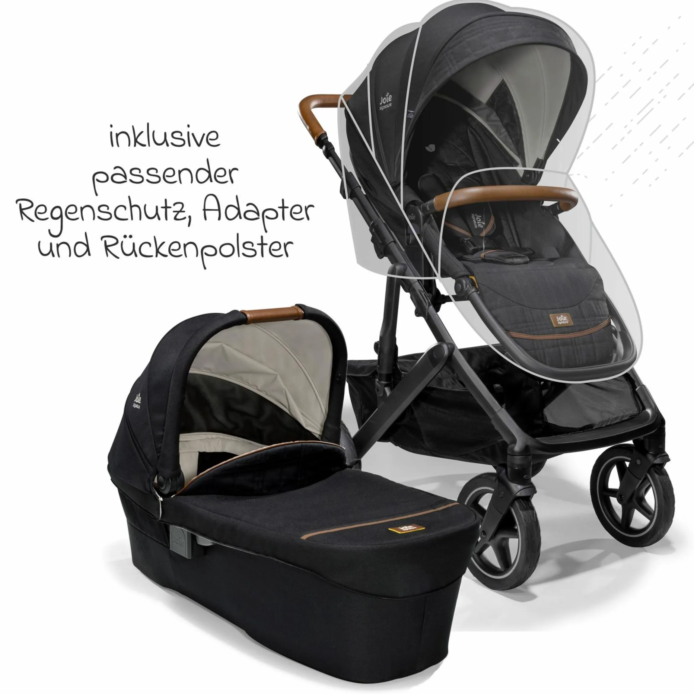 2in1 Kombi-Kinderwagen-Set Vinca bis 22 kg belastbar mit Teleskopschieber umsetzbare Sitzeinheit, Babywanne Ramble XL, Adapter, Regenschutz & Rückenpolster - Signature - Eclipse