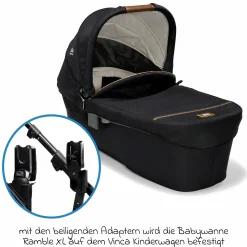 2in1 Kombi-Kinderwagen-Set Vinca bis 22 kg belastbar mit Teleskopschieber umsetzbare Sitzeinheit, Babywanne Ramble XL, Adapter, Regenschutz & Rückenpolster - Signature - Eclipse