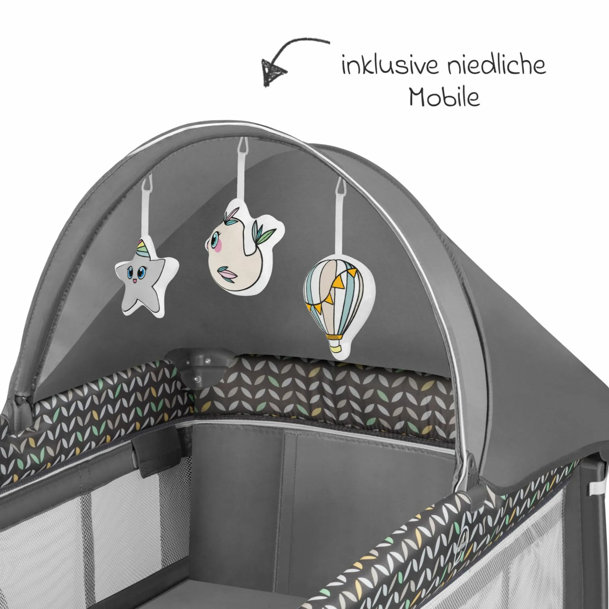 2in1 Reisebett & Laufgitter Sven Plus ab Geburt - 15 kg mit verstellbarem Einhang, 2 Räder, Einstieg, Wickeauflage , Windelablage, Mobile, Tragetasche, Sonnendach & Insektenschutz - Grey Scandi