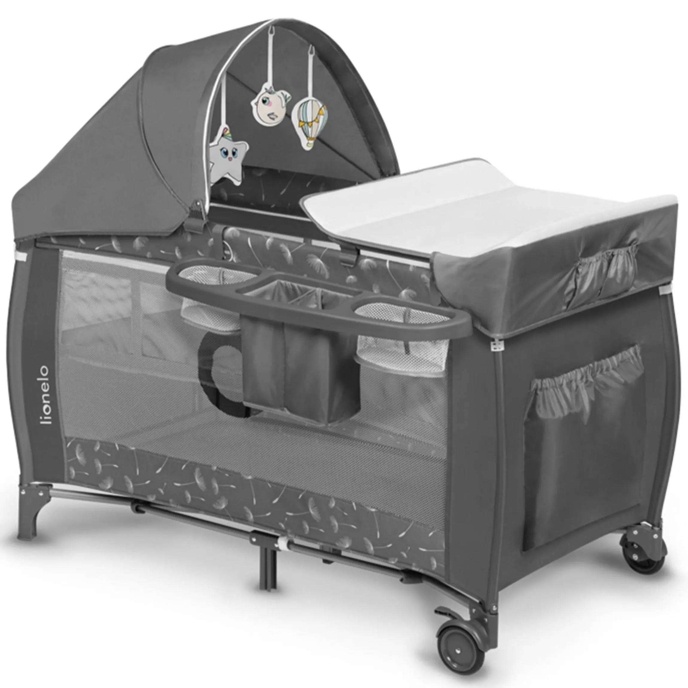 2in1 Reisebett & Laufgitter Sven Plus ab Geburt - 15 kg mit verstellbarem Einhang, 2 Räder, Einstieg, Wickeauflage , Windelablage, Mobile, Tragetasche, Sonnendach & Insektenschutz - Grey Concrete