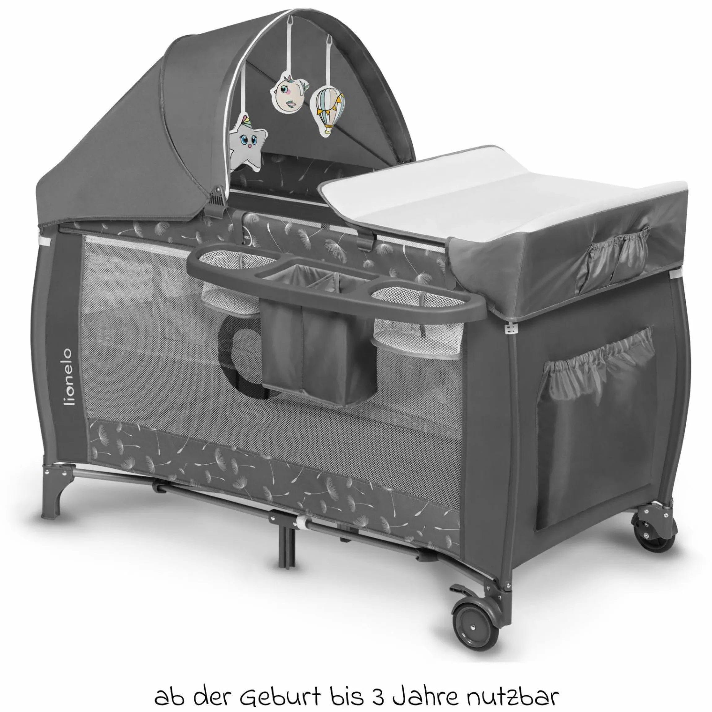 2in1 Reisebett & Laufgitter Sven Plus ab Geburt - 15 kg mit verstellbarem Einhang, 2 Räder, Einstieg, Wickeauflage , Windelablage, Mobile, Tragetasche, Sonnendach & Insektenschutz - Grey Concrete