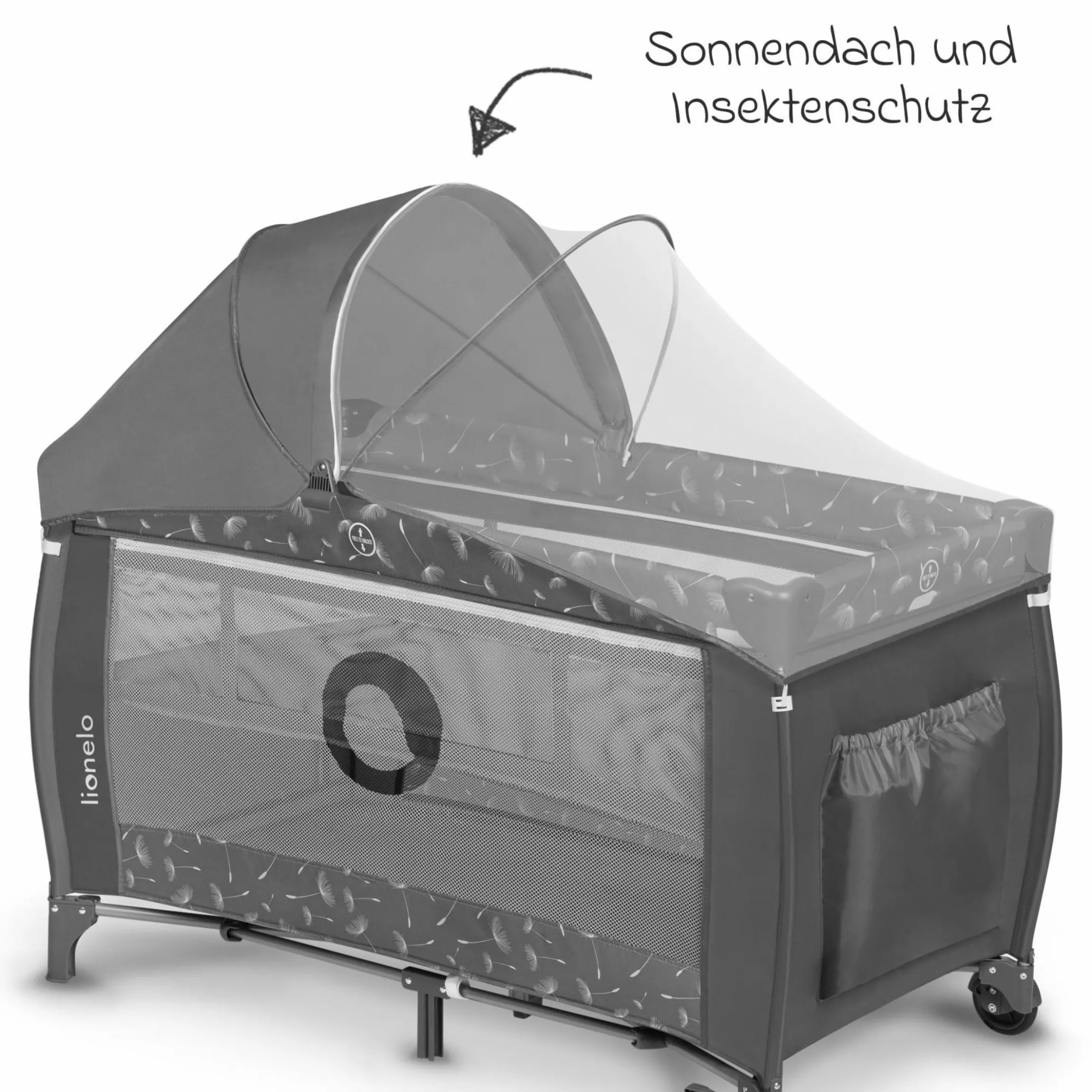 2in1 Reisebett & Laufgitter Sven Plus ab Geburt - 15 kg mit verstellbarem Einhang, 2 Räder, Einstieg, Wickeauflage , Windelablage, Mobile, Tragetasche, Sonnendach & Insektenschutz - Grey Concrete