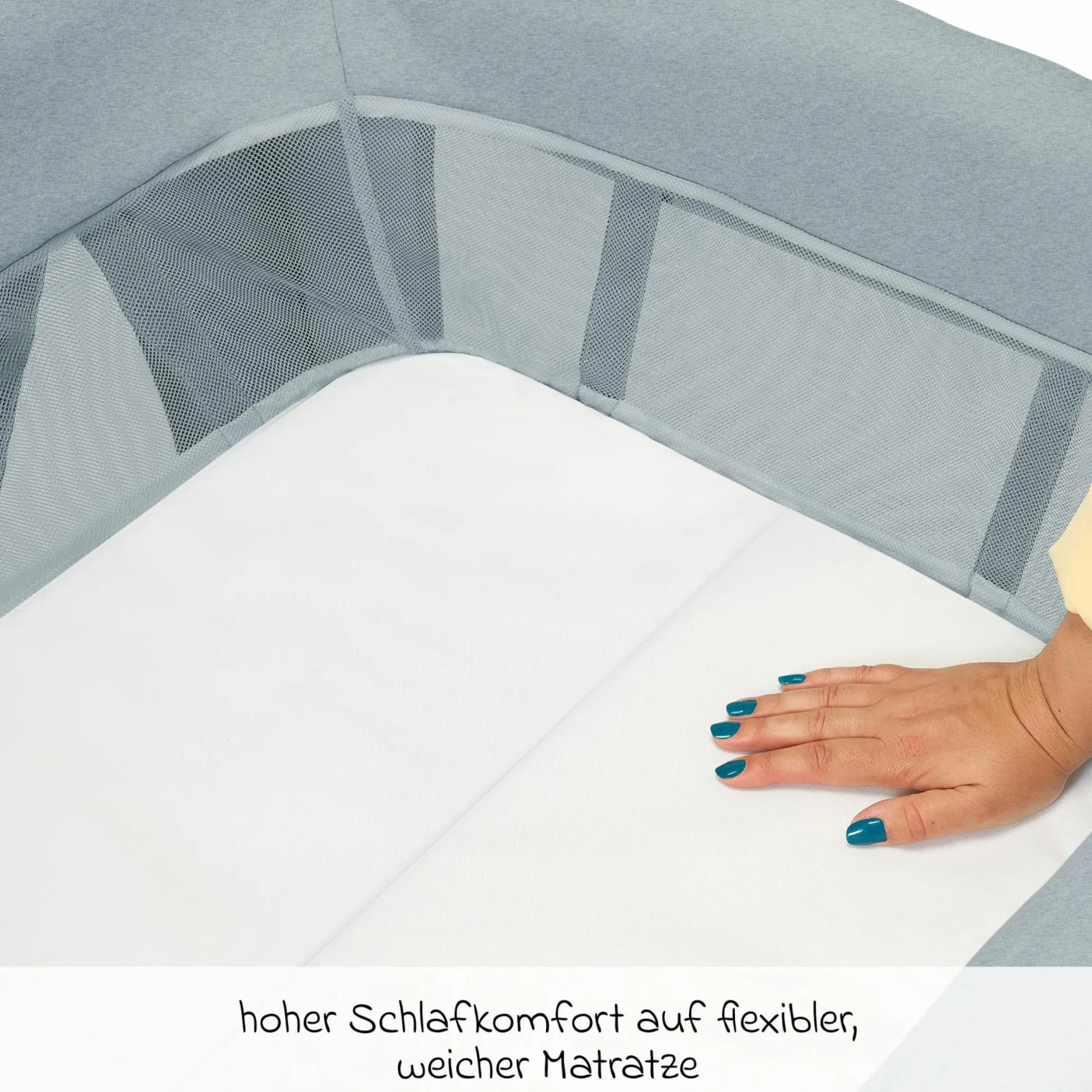3-in-1 Reisebett Swift Reisebett, Beistellbett, Laufstall mit Matratze & Tragetasche nur 6,70 kg leicht - Beyound - Grey Eco - Kollektion 2025