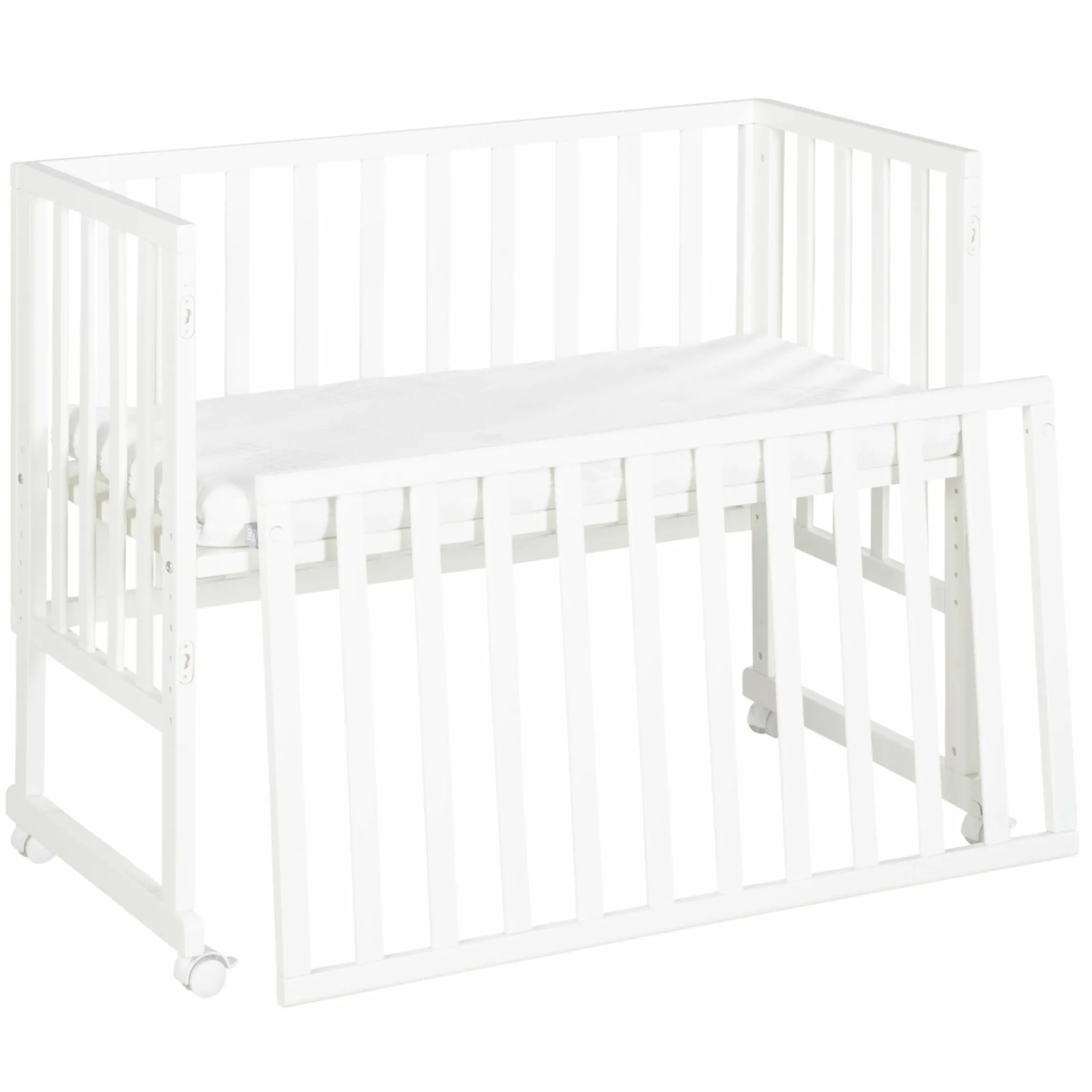 3in1 Stuben- & Beistellbett mit Canvas-Barriere + safe asleep Matratze mit 90 x 45 cm 47 x 99,5 cm - Weiß