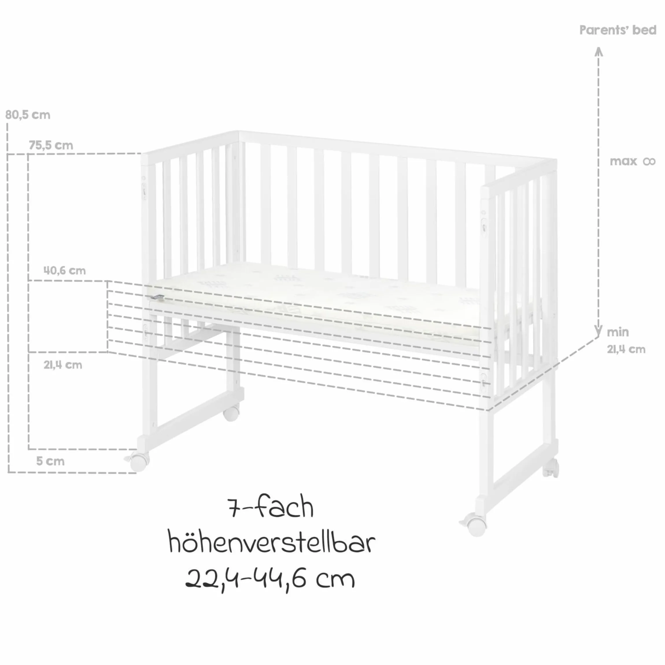 3in1 Stuben- & Beistellbett mit Canvas-Barriere + safe asleep Matratze mit 90 x 45 cm 47 x 99,5 cm - Weiß
