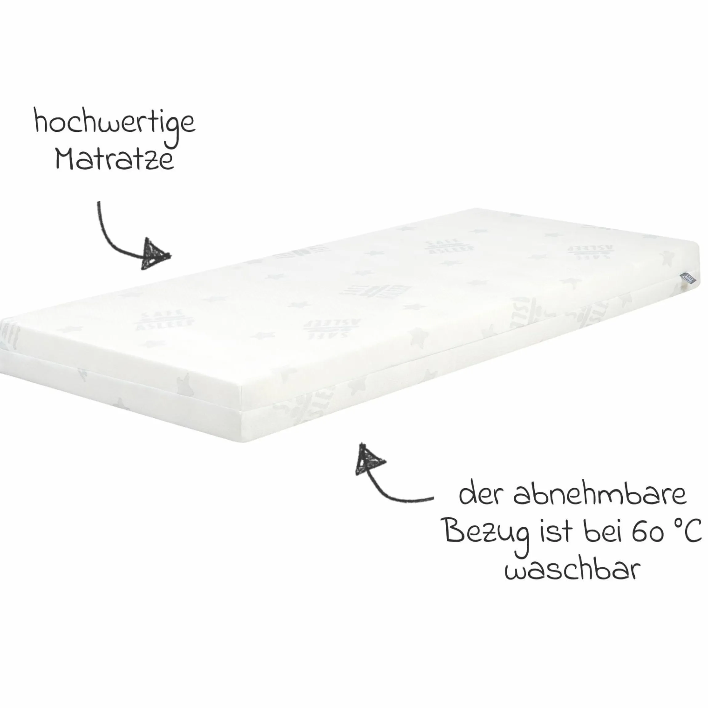 3in1 Stuben- & Beistellbett mit Canvas-Barriere + safe asleep Matratze mit 90 x 45 cm 47 x 99,5 cm - Weiß