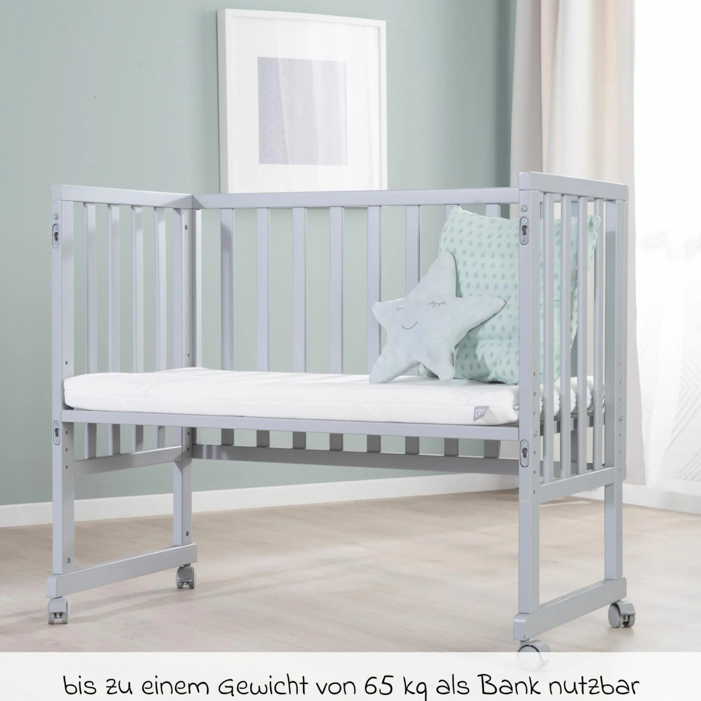 3in1 Stuben- & Beistellbett mit Canvas-Barriere + safe asleep Matratze mit 90 x 45 cm 47 x 99,5 cm - Taupe