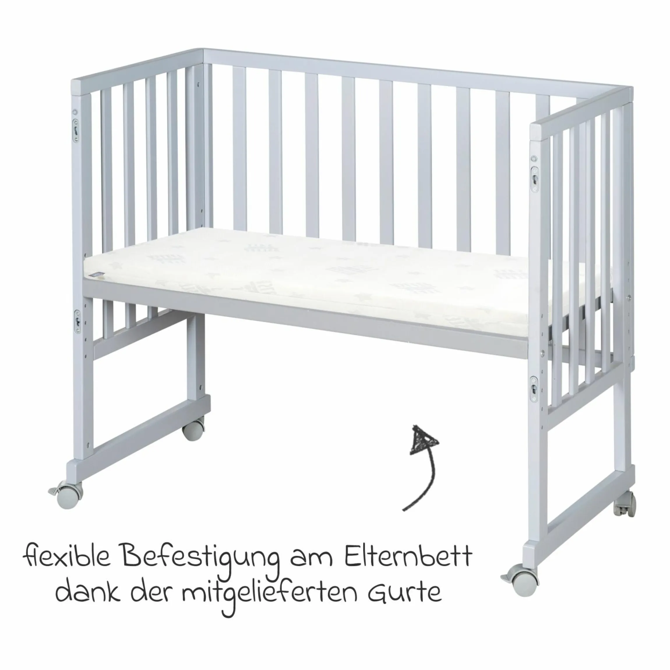 3in1 Stuben- & Beistellbett mit Canvas-Barriere + safe asleep Matratze mit 90 x 45 cm 47 x 99,5 cm - Taupe